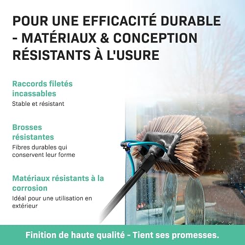 VONROC Brosse de Lavage Télescopique 6,5 m avec Arrivée Eau – Nettoyer Panneaux Solaires, Vitres, Façades et Véhicules – Kit Complet 2 en 1 - avec Tuyau, Raccord Universel - Nettoyage Puissant - 6