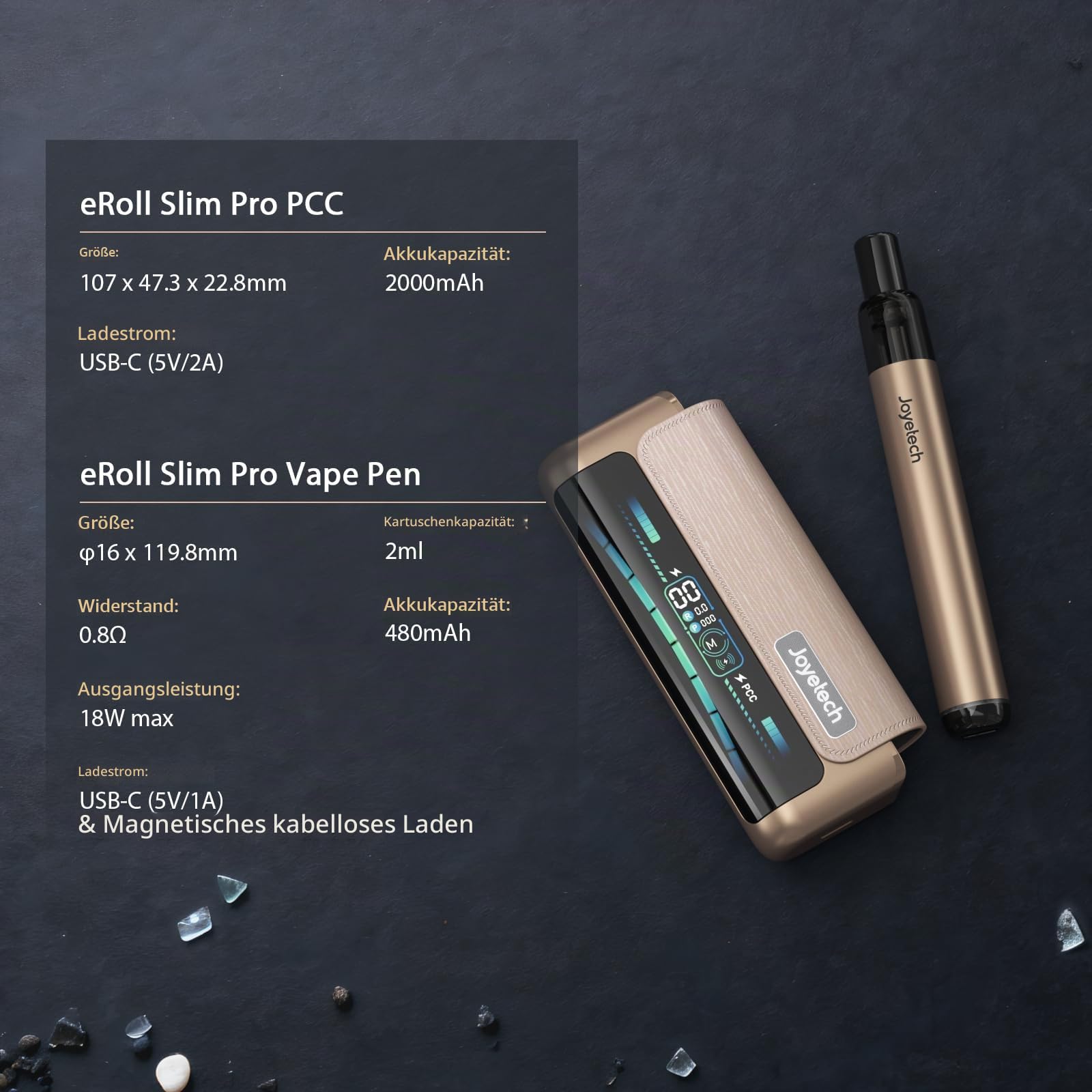 Joyetech Eroll Slim Pro Kits 2000mAh + 480mAh großer Akku Leistungsanpassung großes Display Pod-System nikotinfrei Schwarz