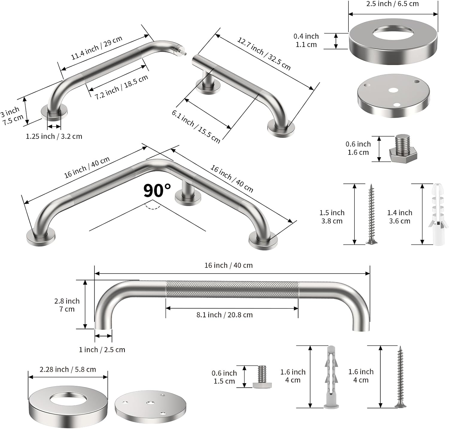 l-shaped angled shower grab bar w/straight bathroom safety handrail 16 inch, ihansee brushed nickel knurled handicap grab bar wall mounted, anti slip toilet bathtub balance support bar for elderly brushed nickel 16x16 inch - knurled grip