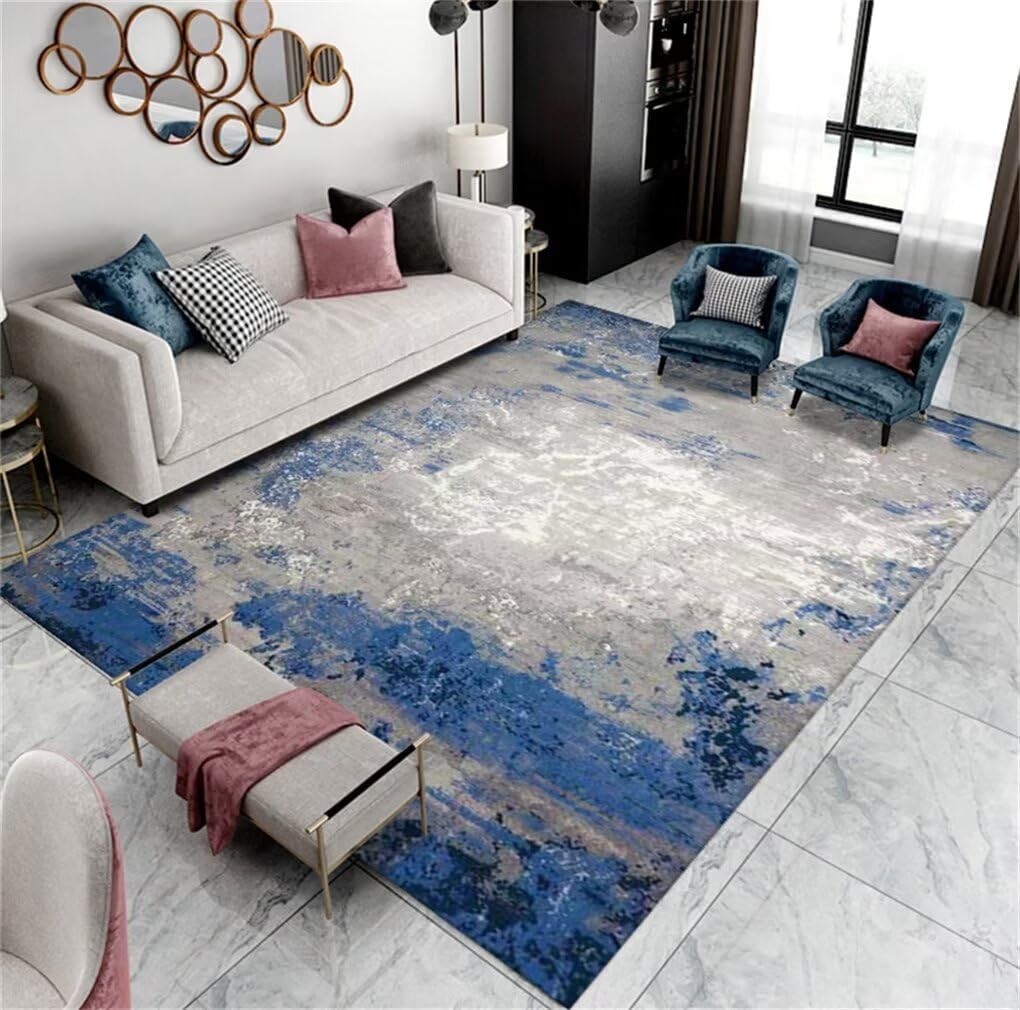Tapis poil court bleu et gris 60x110 cm antidérapant abstrait