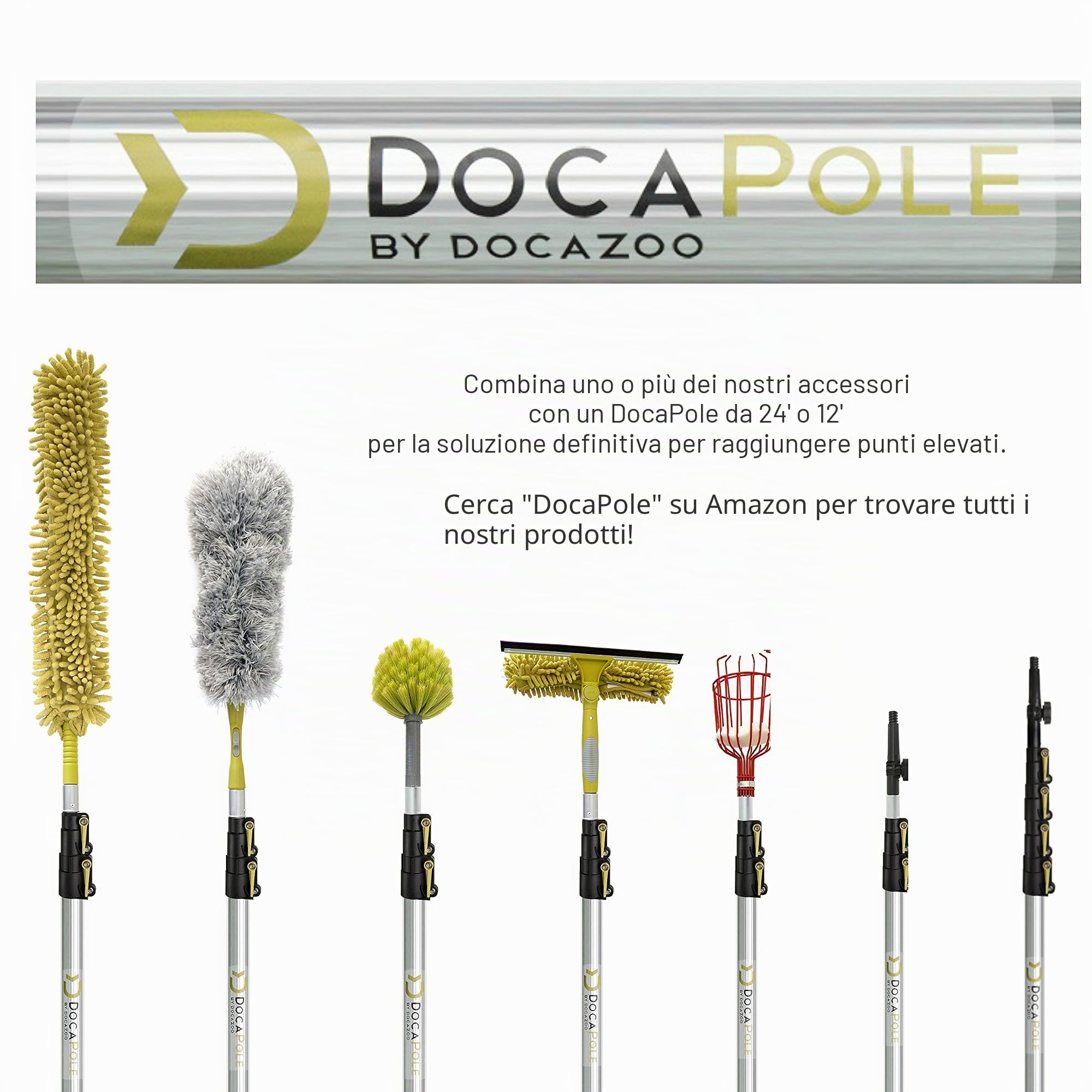 DocaPole - Kit per spolverare - 3 inserti con spolverino per ragnatele, ventilatori a soffitto e altri oggetti difficili posti in alto e difficili da raggiungere - Asta allungabile 1,5-3,7 m (5-12 ft)
