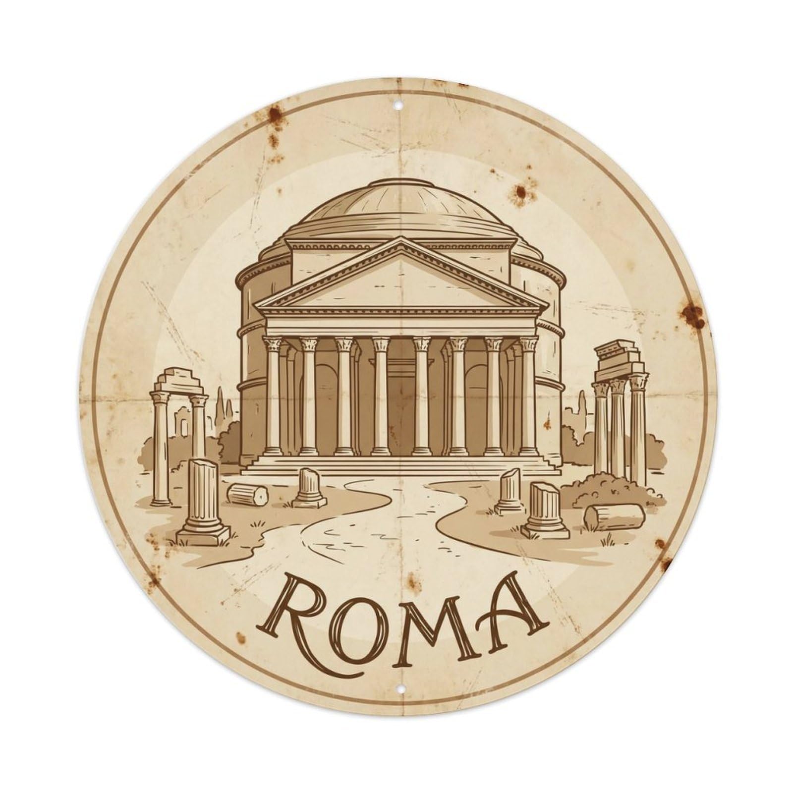 Vintage Travel Rome Pantheon Explore Metal Tin Sign Plaque Wall Decor for Cafe, Club Bar, Office, Home Garden Round Metal Poster 8x8Inch
