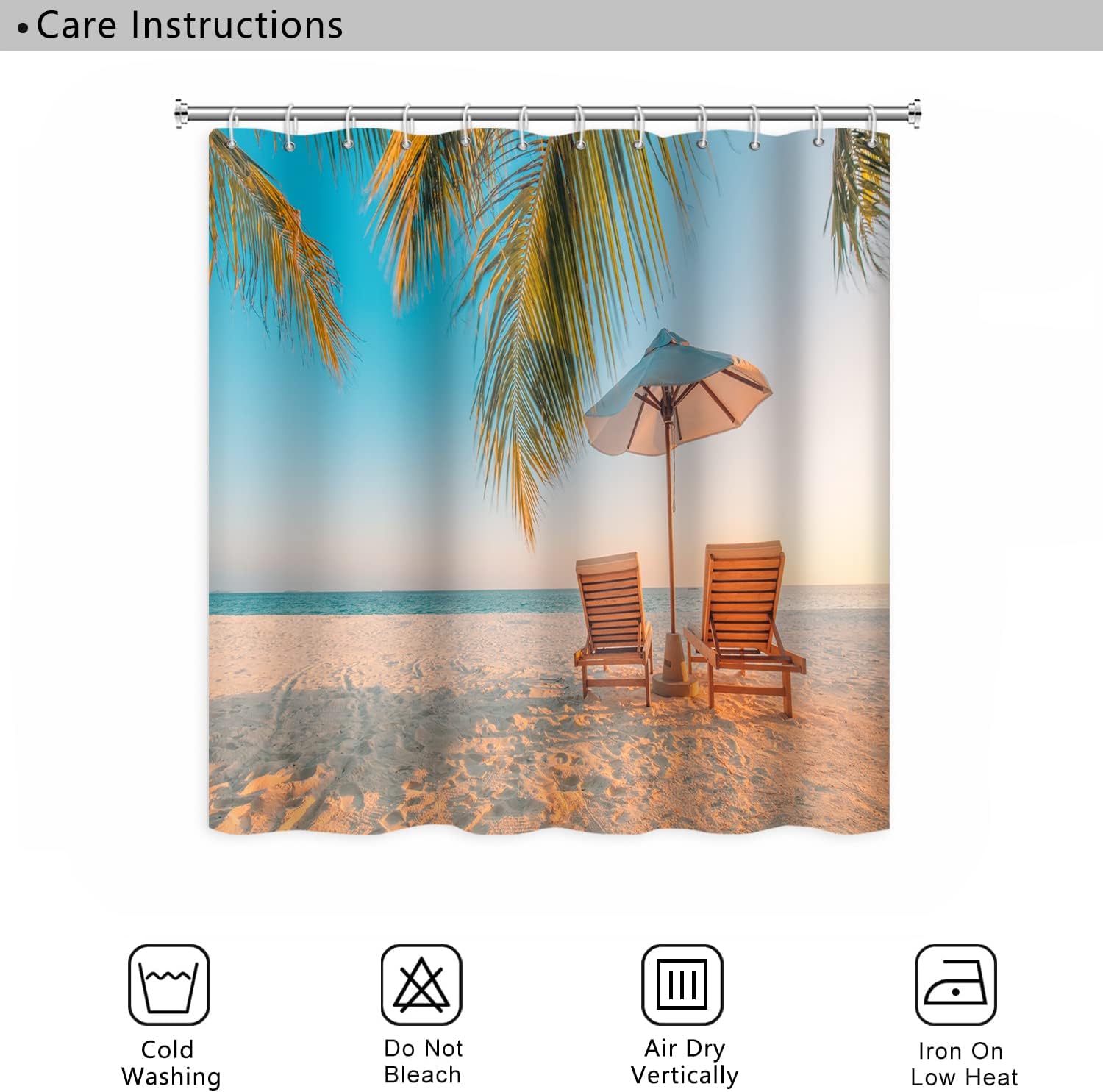 Tropical Beach Shower Curtains Summer Coastal Ocean Island Sailing Sun Beds Nautical Shower Curtain for Bathroom Decor Waterproof Polyester Fabric with 12 Hooks, 72x72 Inch