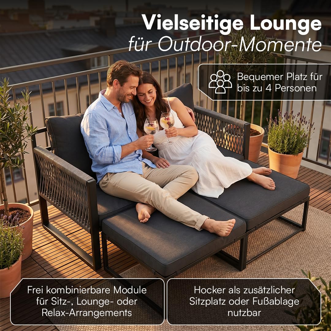 STEELSØN Tyranis Gartenmöbel Set Outdoor 4-TLG inkl. Tisch mit Ablage & Hocker – multifunktionales Balkonmöbel Set mit 6 Kissen – Sitzgarnitur Sessel für 4 Personen – dick gepolstert – Metall schwarz