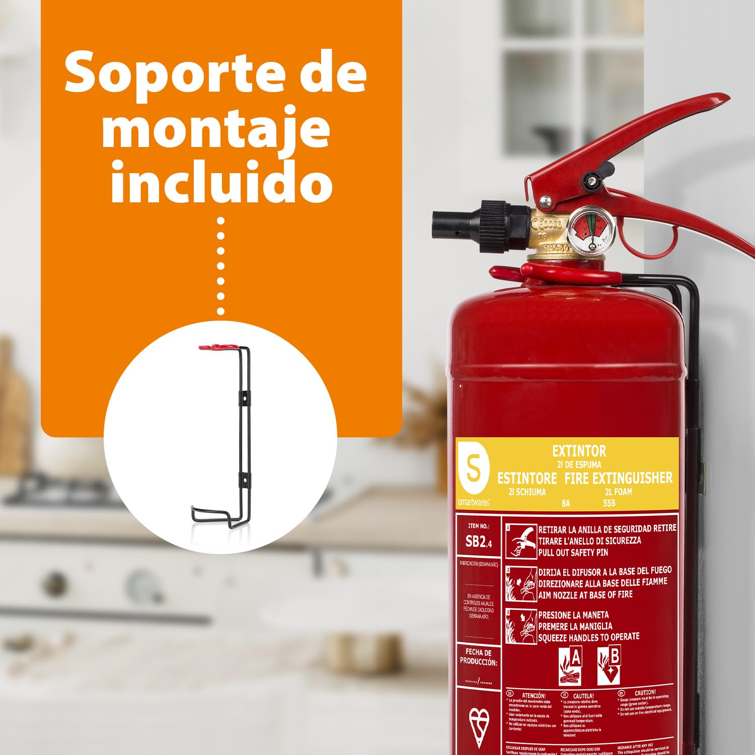 Smartwares - Extintor de Incendios - Espuma - 2 L - Fuegos de Clase AB - FEX-15222