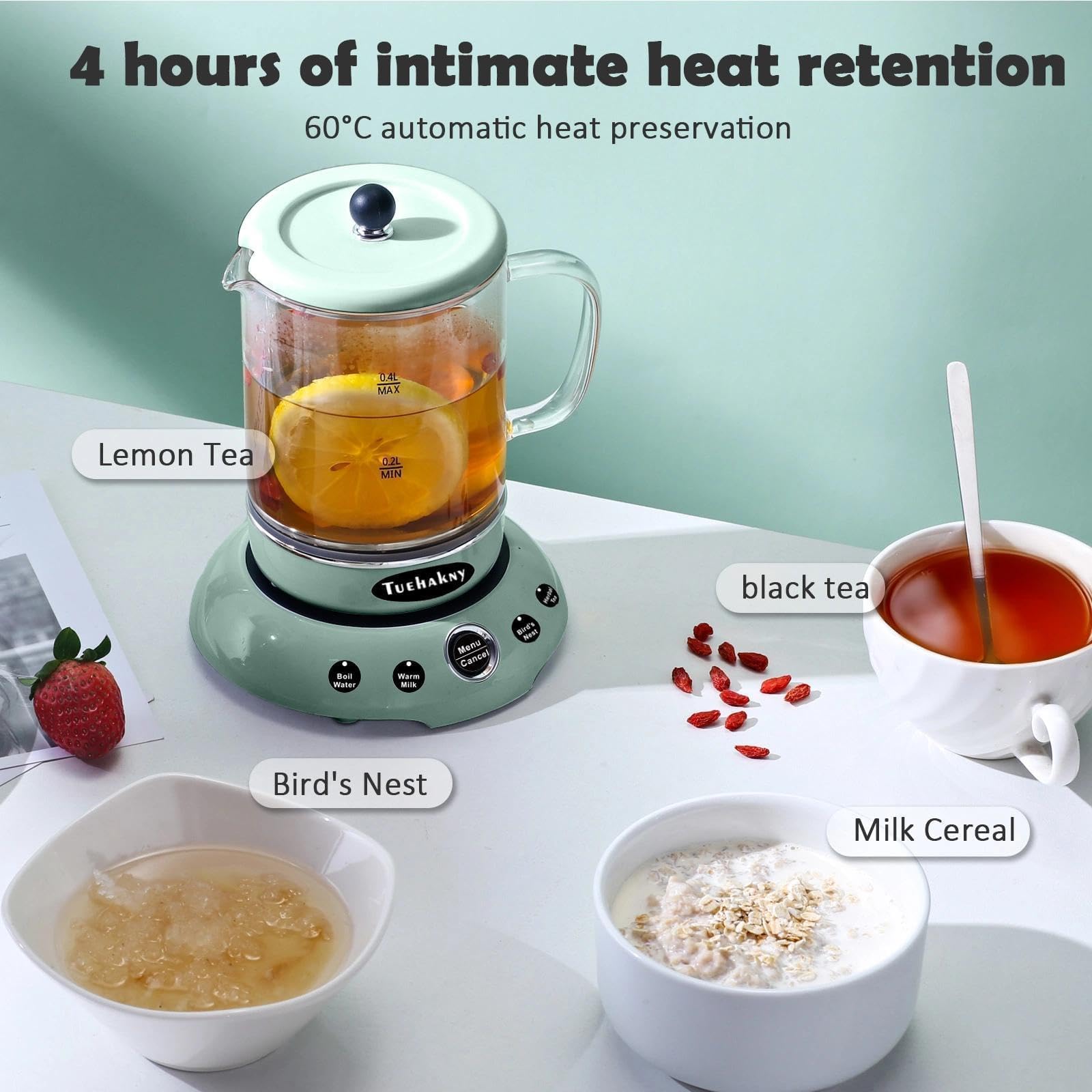 Mini Bouilloire en Verre 400ml, 400W, Bouilloire de Voyage 4-en-1