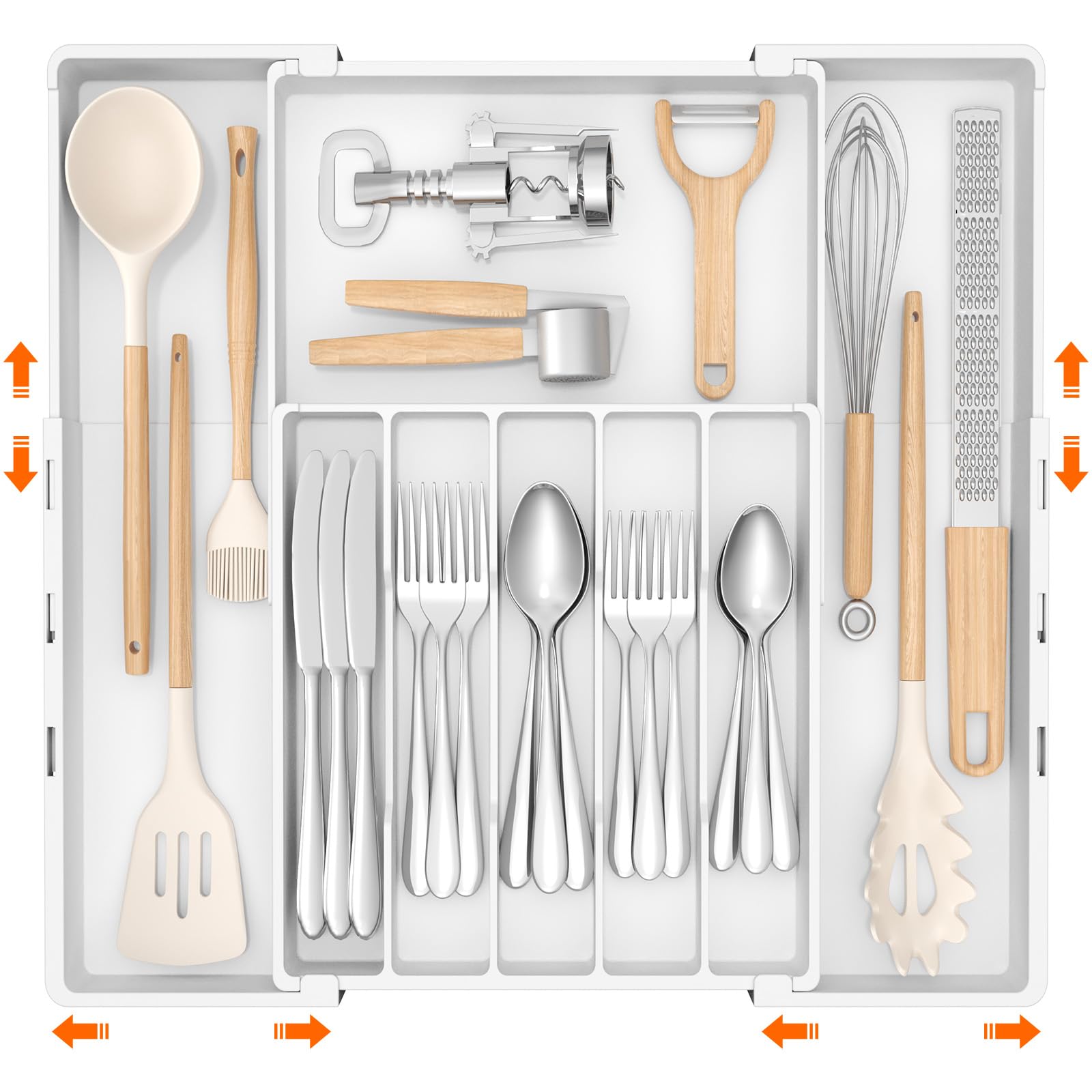 Lifewit Pojemnik na sztućce do szuflad, 5-8 przegródek, dwukierunkowy, regulowany, organizer z tworzywa sztucznego, organizer kuchenny, szerokość od 30,5 do 52 cm, wkład na sztućce na łyżki i widelce