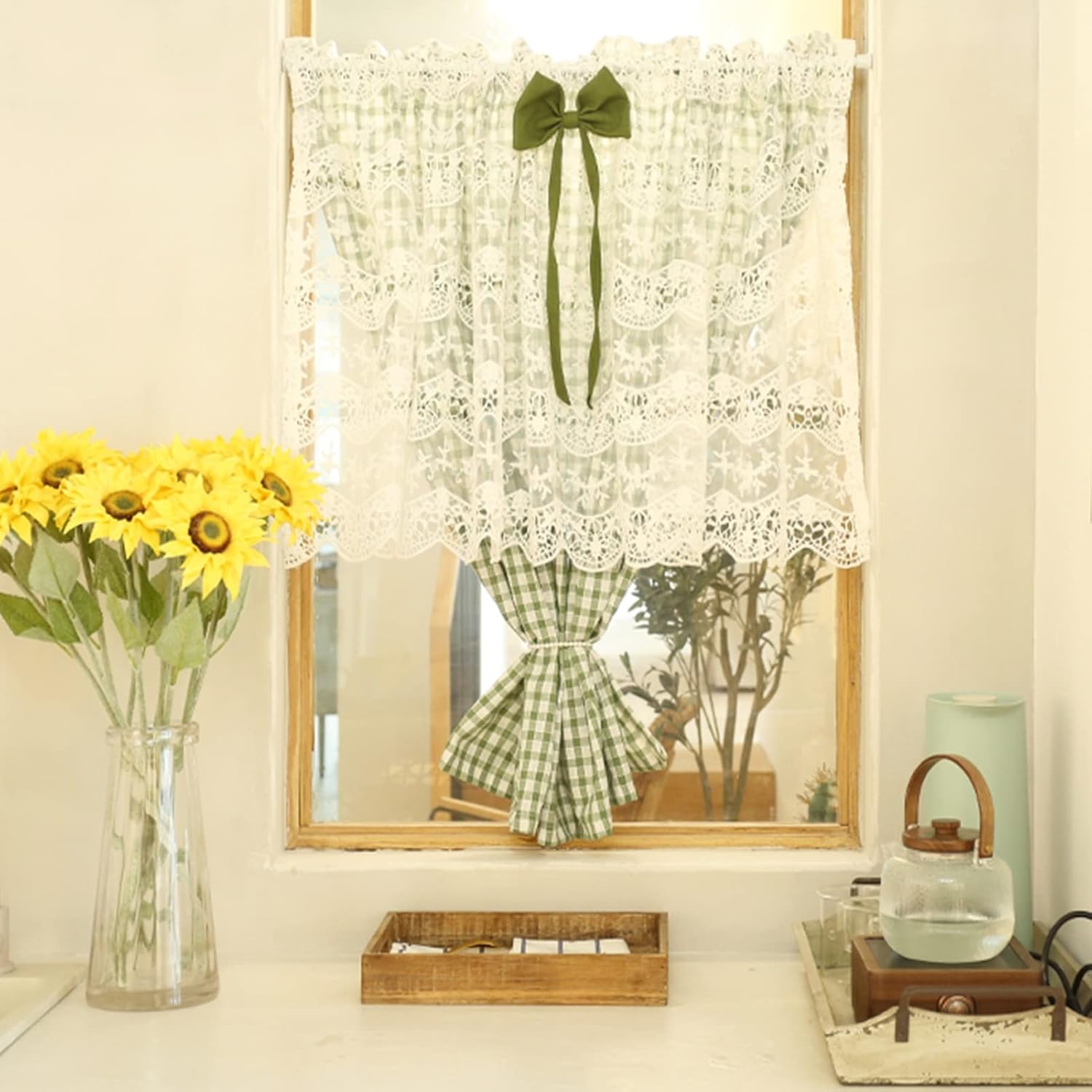 Cotton Linen Kitchen Curtains green plaid, White lace Tier Curtains, Blackout Short Curtain Valance Rural style, for Cafe, Bathroom, Living Room, Window, Cupboard, Panel Rod Pocket ( Size : W135xH100c