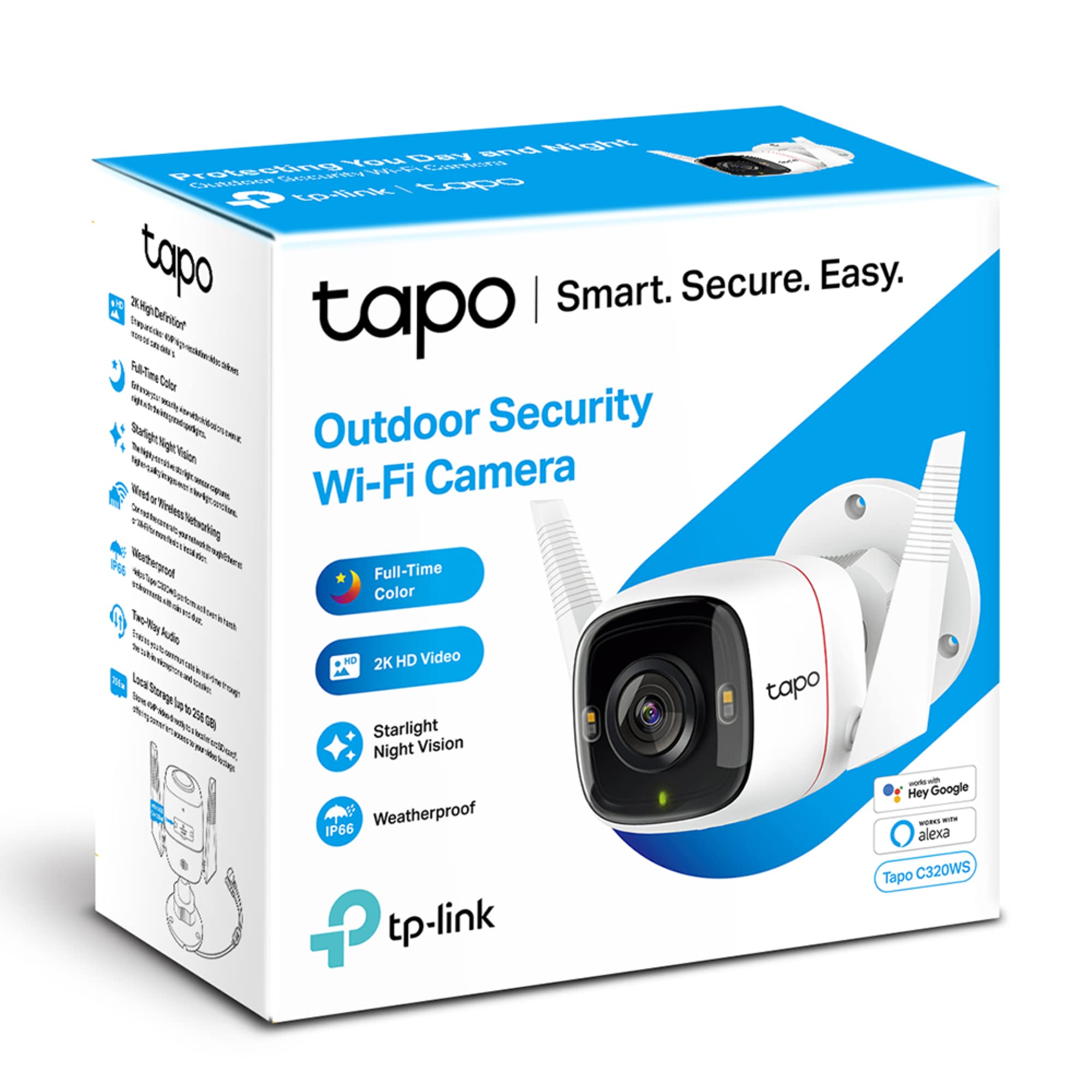 Tapo TP-Link C320WS - Cámara Vigilancia WiFi Exterior/Interior, 2k,Resolución QHD 4MP, Visión Nocturna a Color, Notificaciones en Tiempo Real, IP66 Prueba de Agua, Compatible con Alexa, Blanco