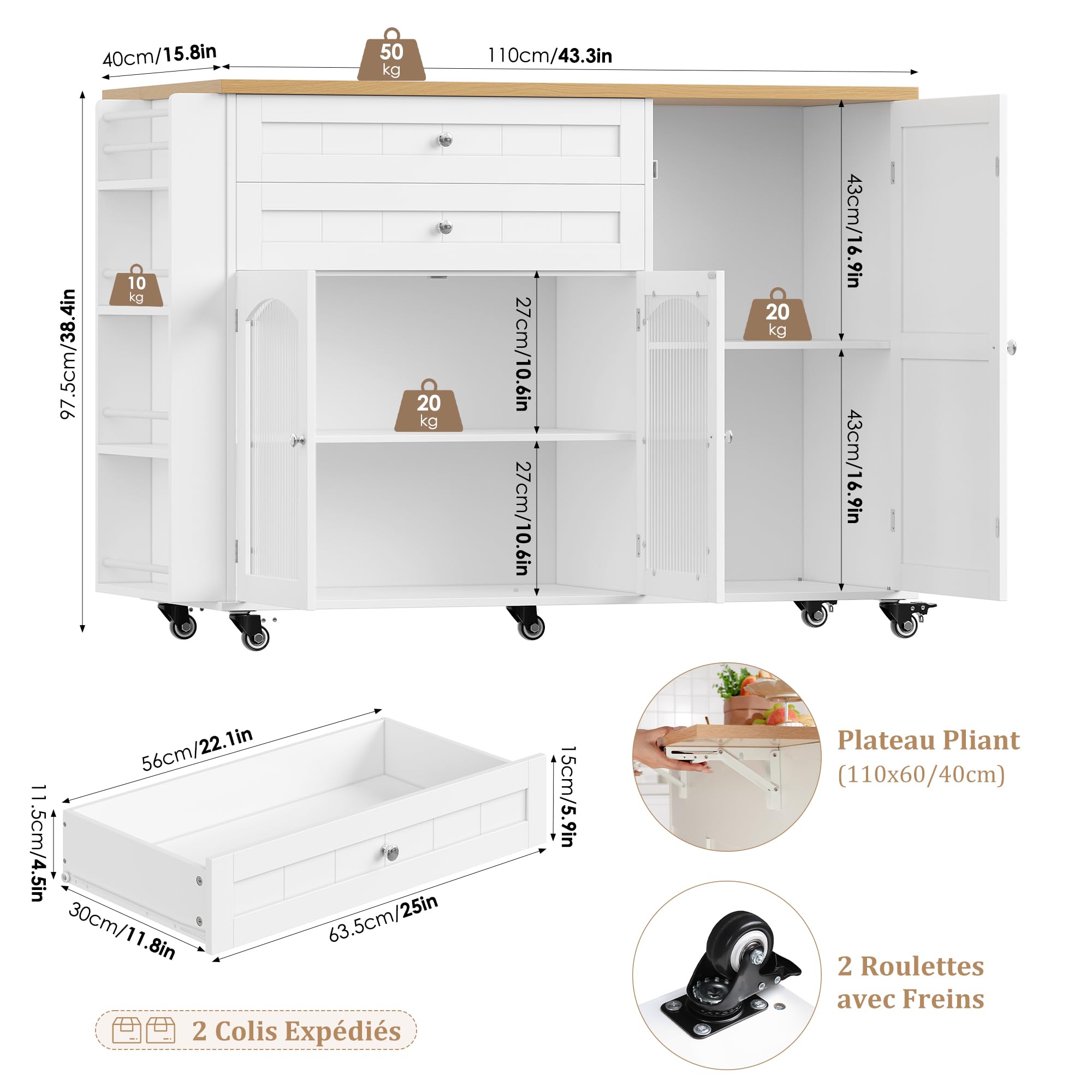 FirFurd Îlot Central Cuisine Desserte Cuisine à roulettes avec Plans de Travail Rabattable Meuble de Cuisine avec 2 Tiroirs, 3 Portes, Support à Épices, Porte-Serviette 132x40x97,5cm Blanc
