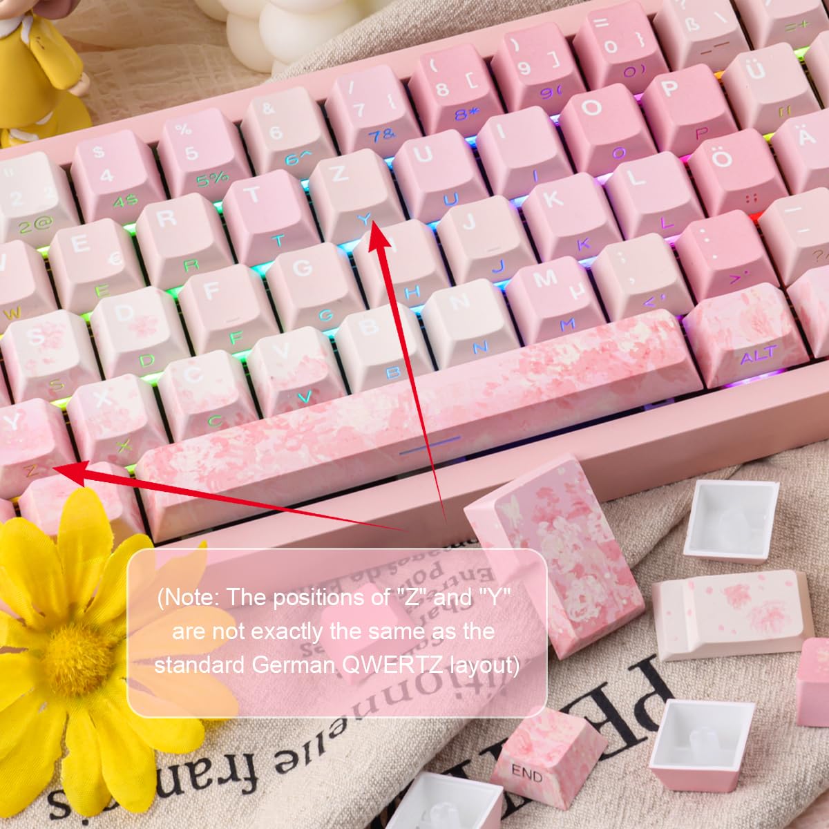 Keycaps Lot de 133 touches en PBT allemands Double Shot Rose Cherry Blossom Dye-Sub Cherry Profile Side Printed Shine Through Keycaps for Cherry MX Switch ISO QWERTZ Layout Clavier mécanique