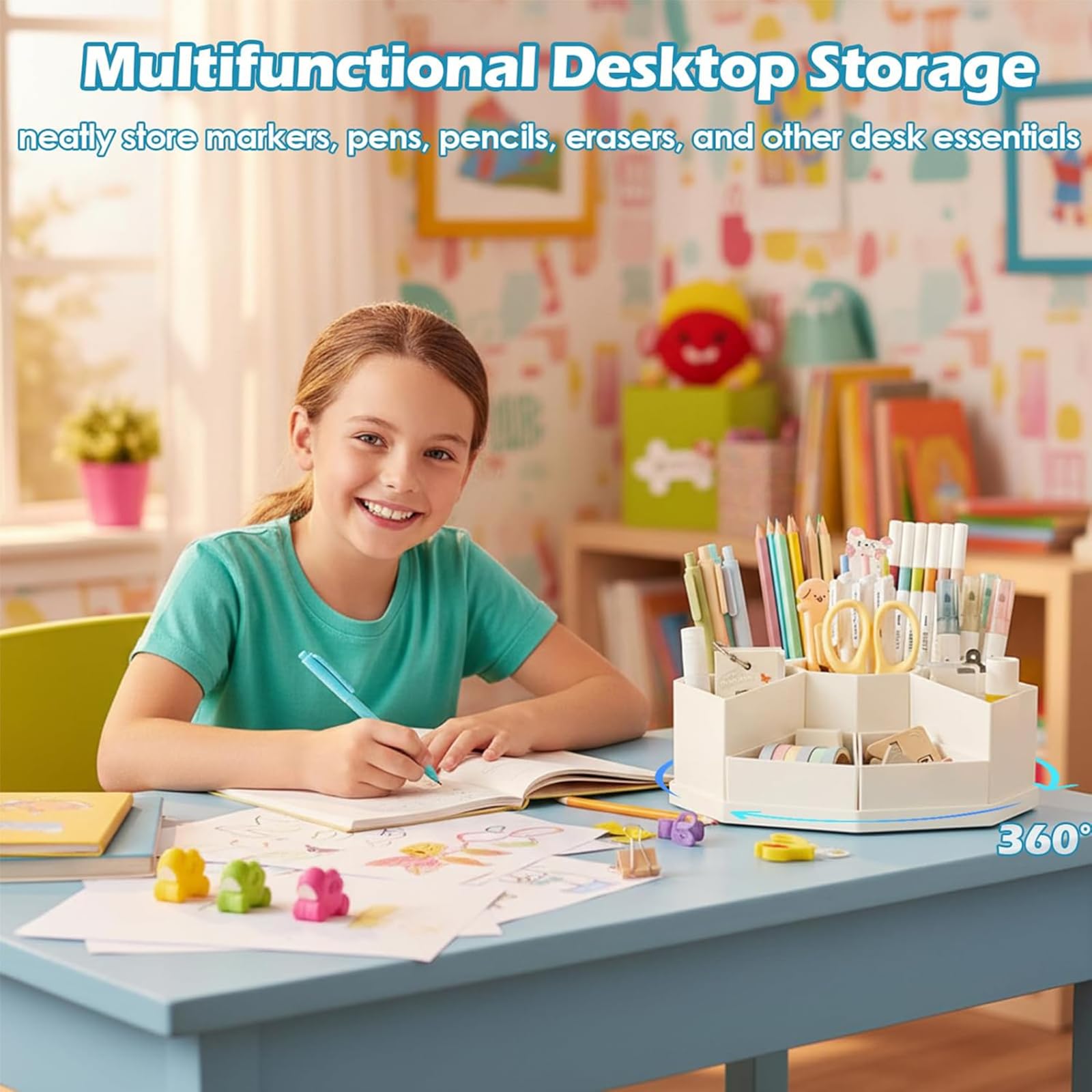 Organizador giratorio de 360° con 9 compartimentos, soporte de escritorio de gran capacidad extraíble para oficina, escuela, hogar, vanidad (azul)