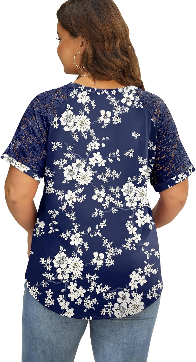DOLNINE Plus-Size-Tops for Women Summer V Neck Casual Shirts Lace Short Sleeve Tees - Image 2