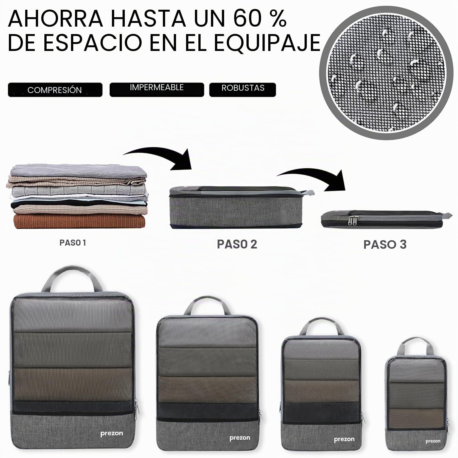 Conjunto de 4 cubos de embalaje compresibles, organizadores de maleta extensibles para viajes y almacenamiento en casa, Gris