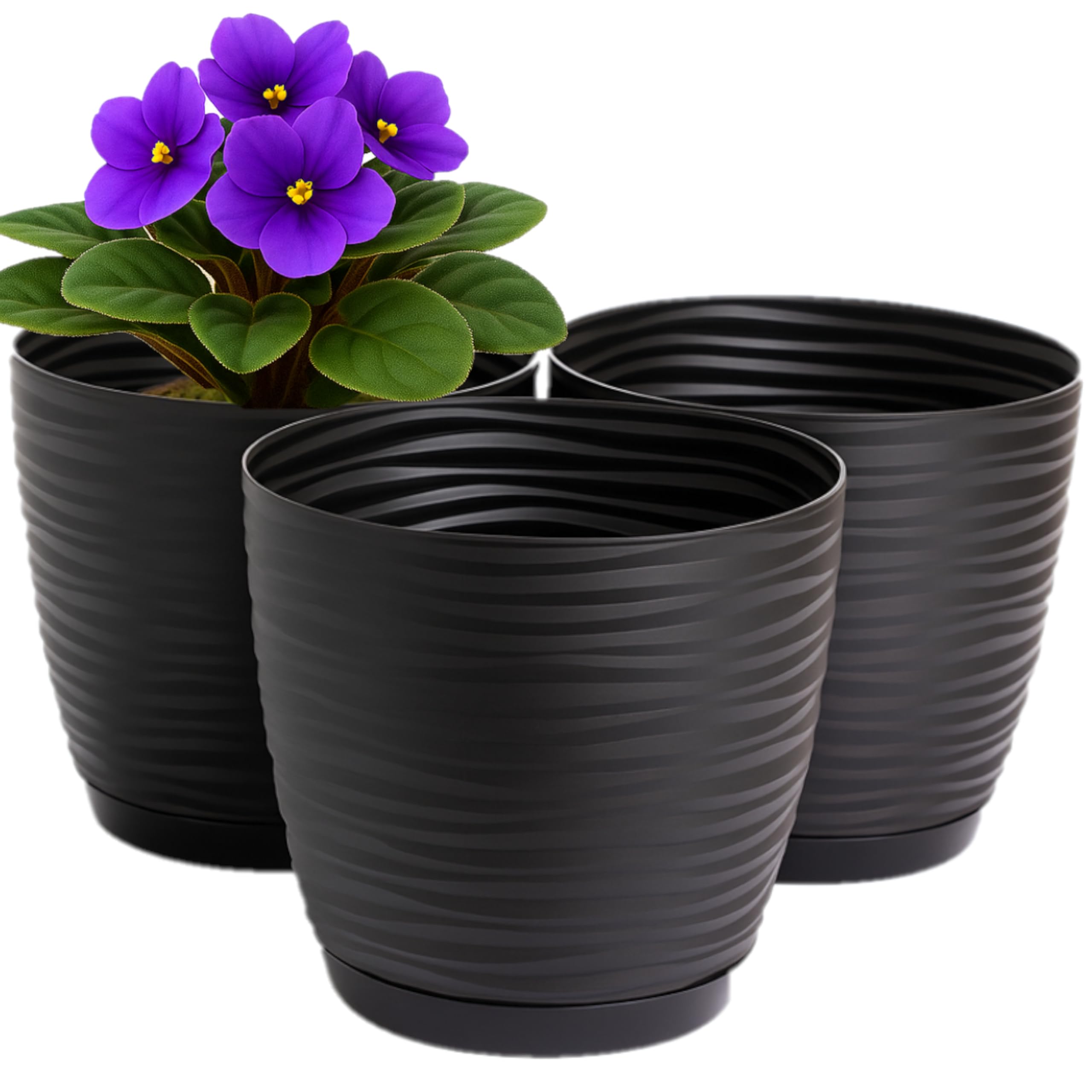 Home Garden Ornaments Blumentopf Übertopf Set 3er Kunststoff Ø 13 cm Schwarz – Pflanztöpfe mit Drainagelöchern & integriertem Untersetzer, Wellenstruktur, für Innen & Außen