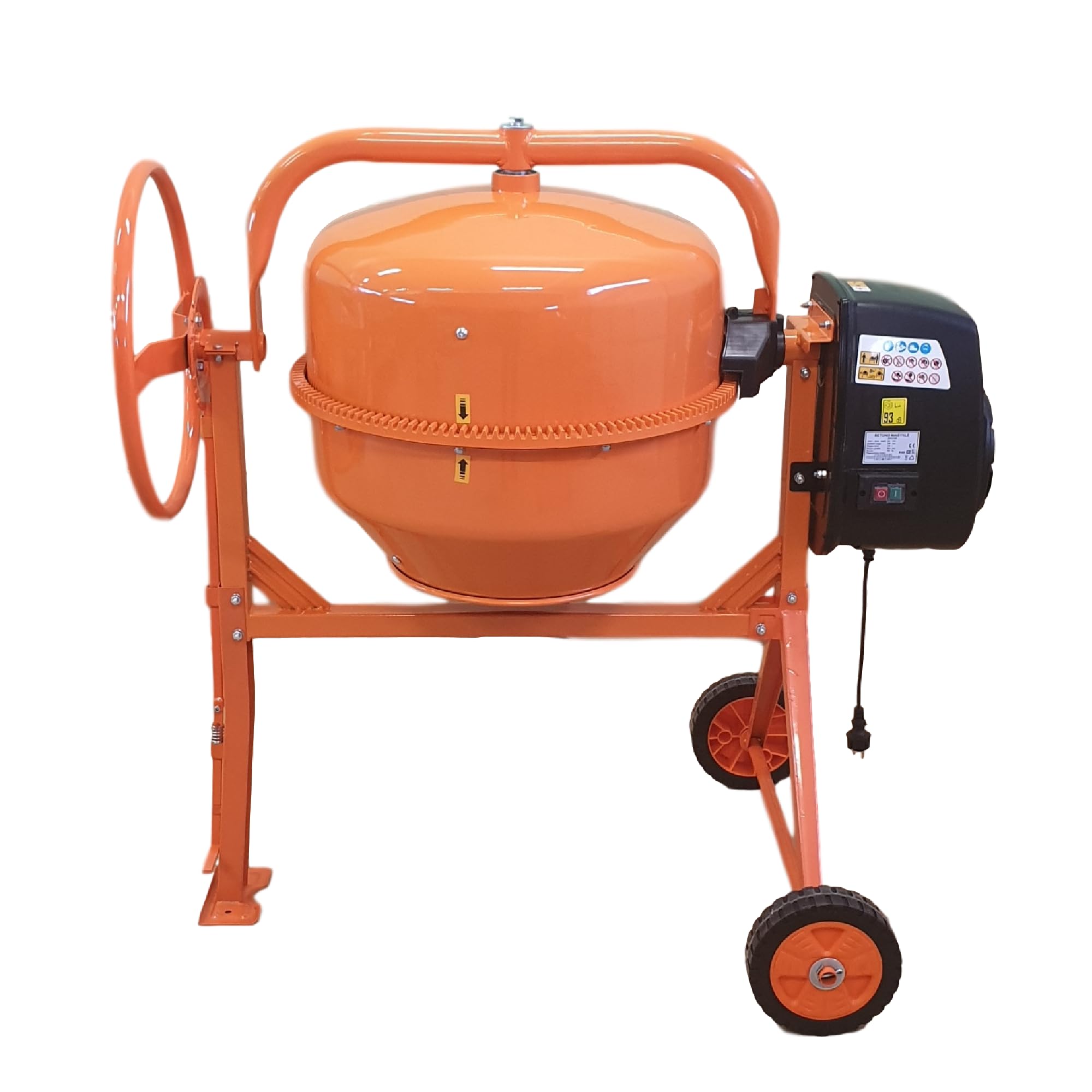 Betonmischer BAU160, 160L Trommel, 850W Motor, Orange, Stahlrahmen mit Metall-Zahnkranz, Kunststoffräder, Kipp-Handrad