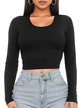 Womens Long Sleeve Crop Top Scoop Neck Sexy Slim Fitted