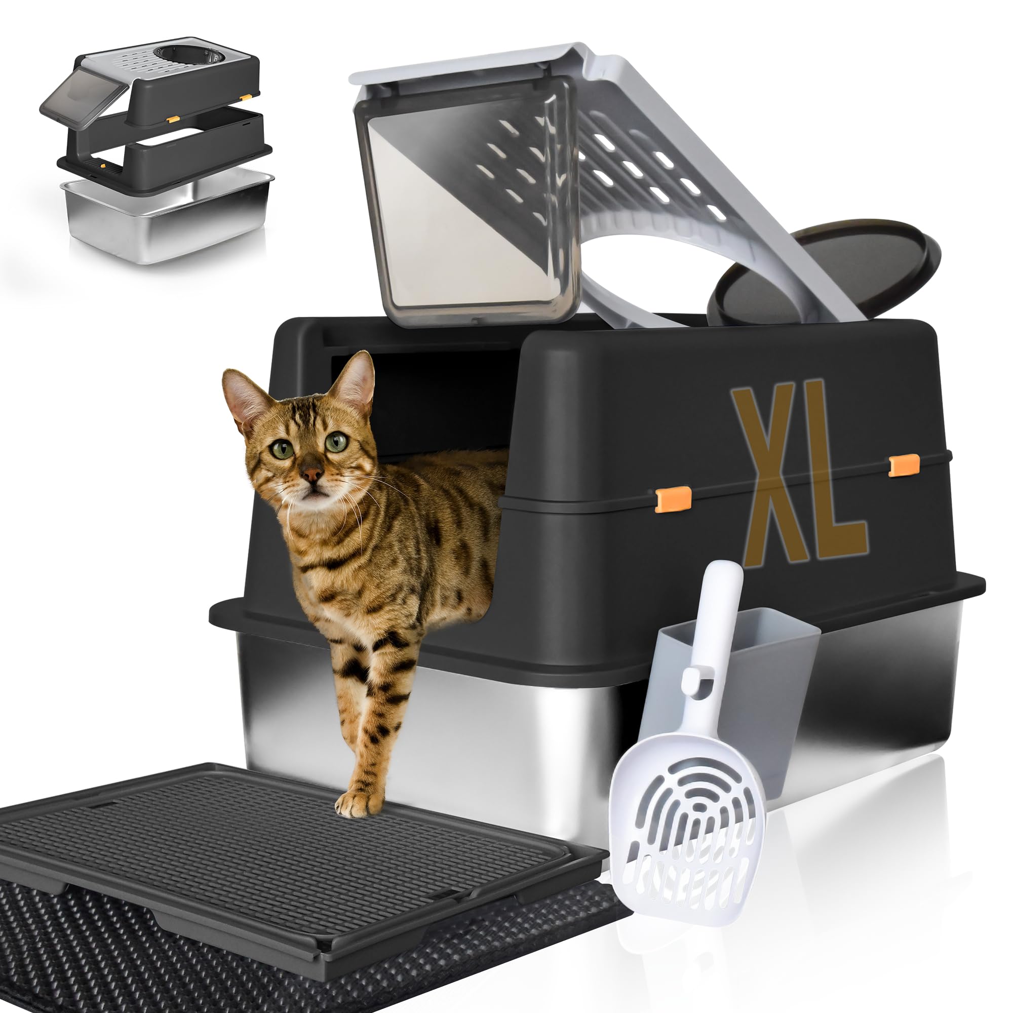Ultimate Stainless Steel Litter Box with Lid - XL Enclosed Anti-Leak Design for Big Cats, Non-Stick Easy Clean Metal Litter Box System with Scoop Set, High-Sided Urine Protection, Sleek Black