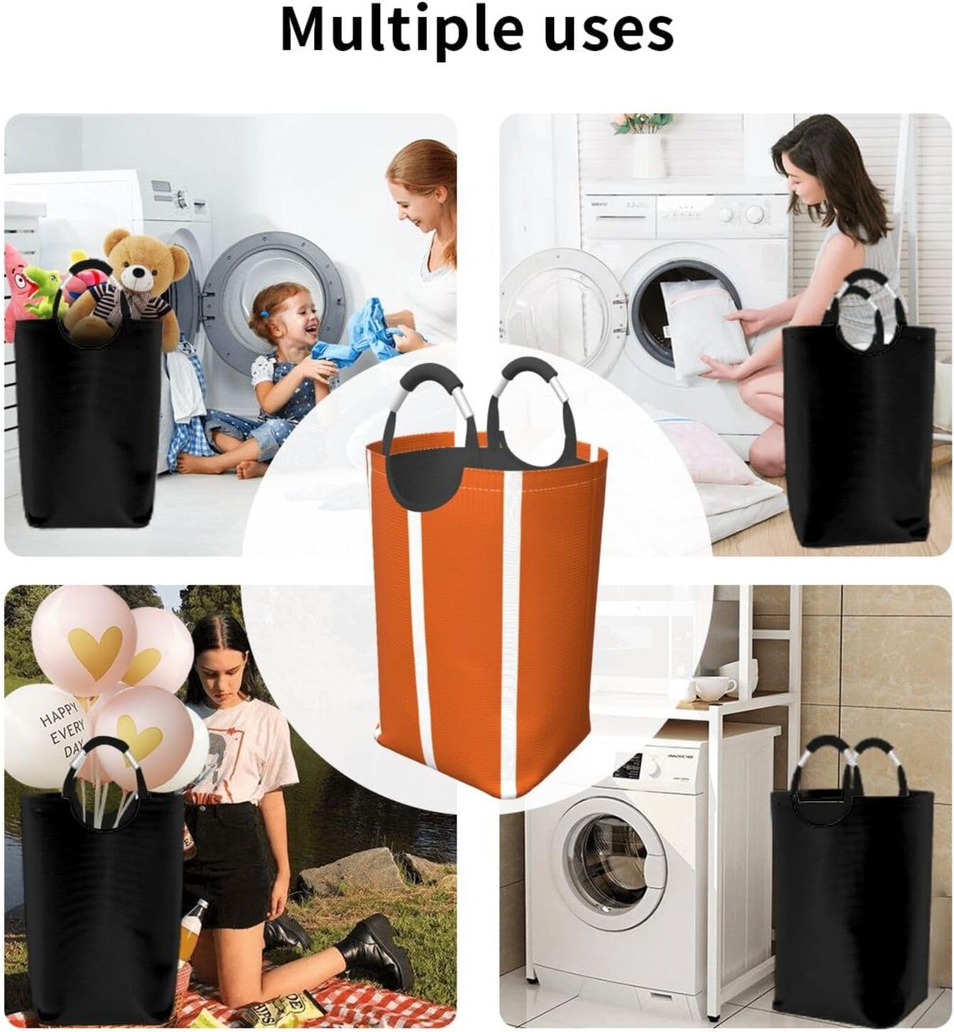Large Laundry Basket, Burnt Orange White Stripes Laundry Hamper Bag Collapsible Washing Bin With Handles for College Dorm, Family Essentials Storage