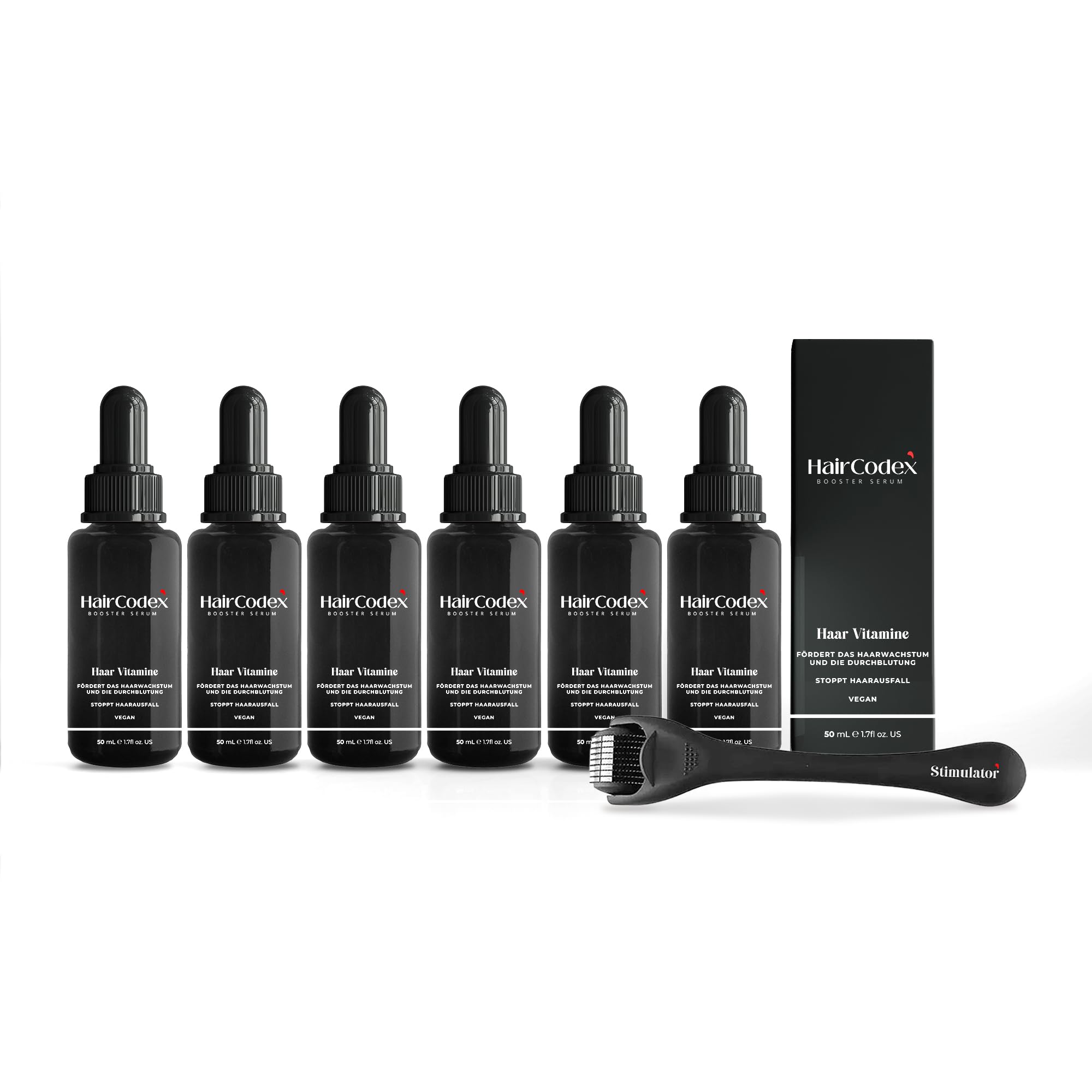 Booster Serum 6 x 50 ml – środek na porost włosów, 1 x stymulator HC Derma roller derma, biotyna i keratyna, włosy lub broda, dziedziczne wypadanie włosów (300 ml – zestaw wzmacniający