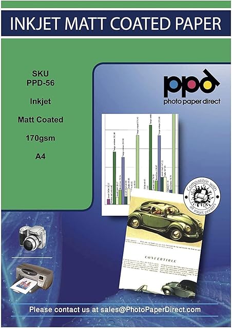 PPD 100 x A4 170gsm Matt Coated Inkjet Photo Quality Paper for High Resolution Prints PPD-56-100