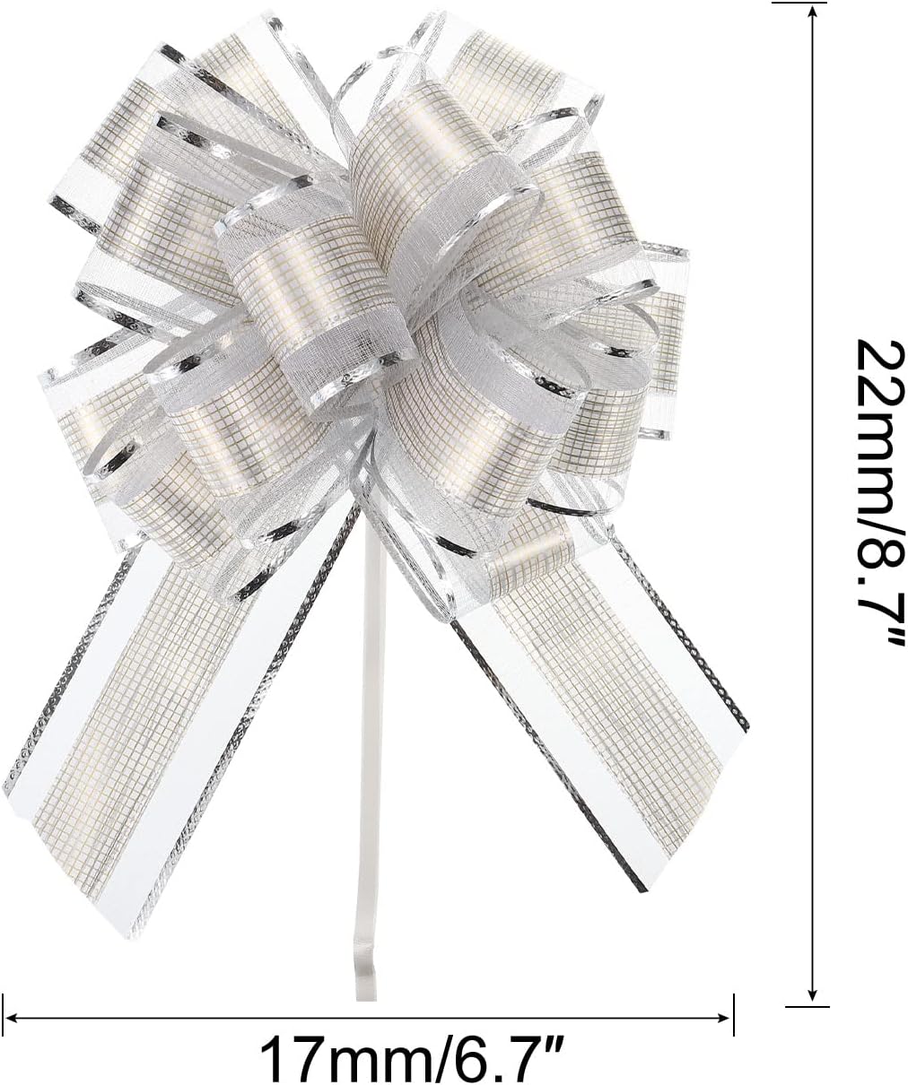 MECCANIXITY 20pcs 7 Inch Large Pull Bow Gift Wrapping Bows Ribbon Organza Silver for Wedding Baskets Presents Christmas Party - Image 2