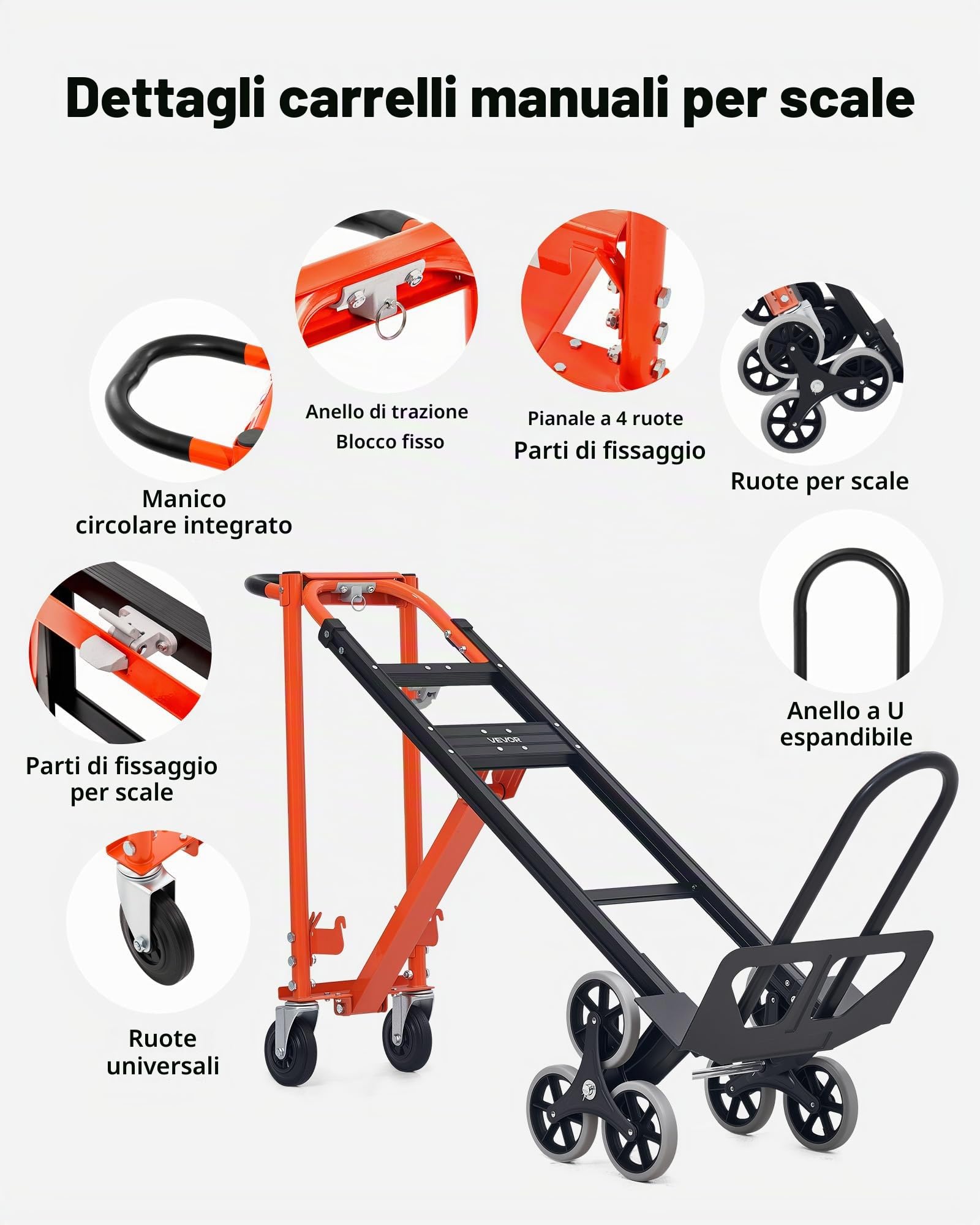 VEVOR Carrello a Scala Pieghevole per Traslochi, Carico Massimo 350 kg con Maniglia e Ruote, Carrello Multiuso per Salire le Scale per Trasporto e Trasloco, per Generi Alimentari, Magazzino