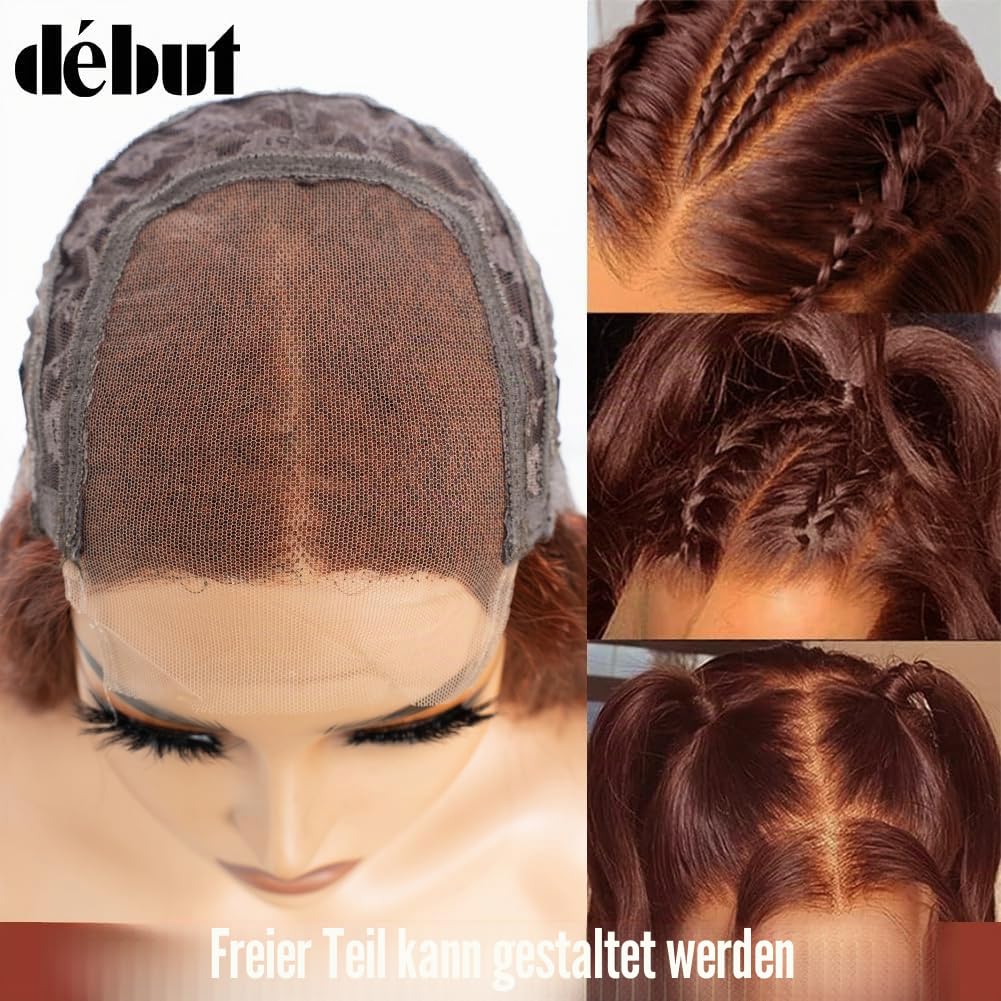 Rötlichbraune Body Wave Lace Front Perücke Echthaar 4×4 Lace Front Perücken für Frauen HD Lace Front Perücke Echthaar 180% Dichte Vorgezupft mit Babyhaar Kleberlose Perücken(35 cm, 33A)