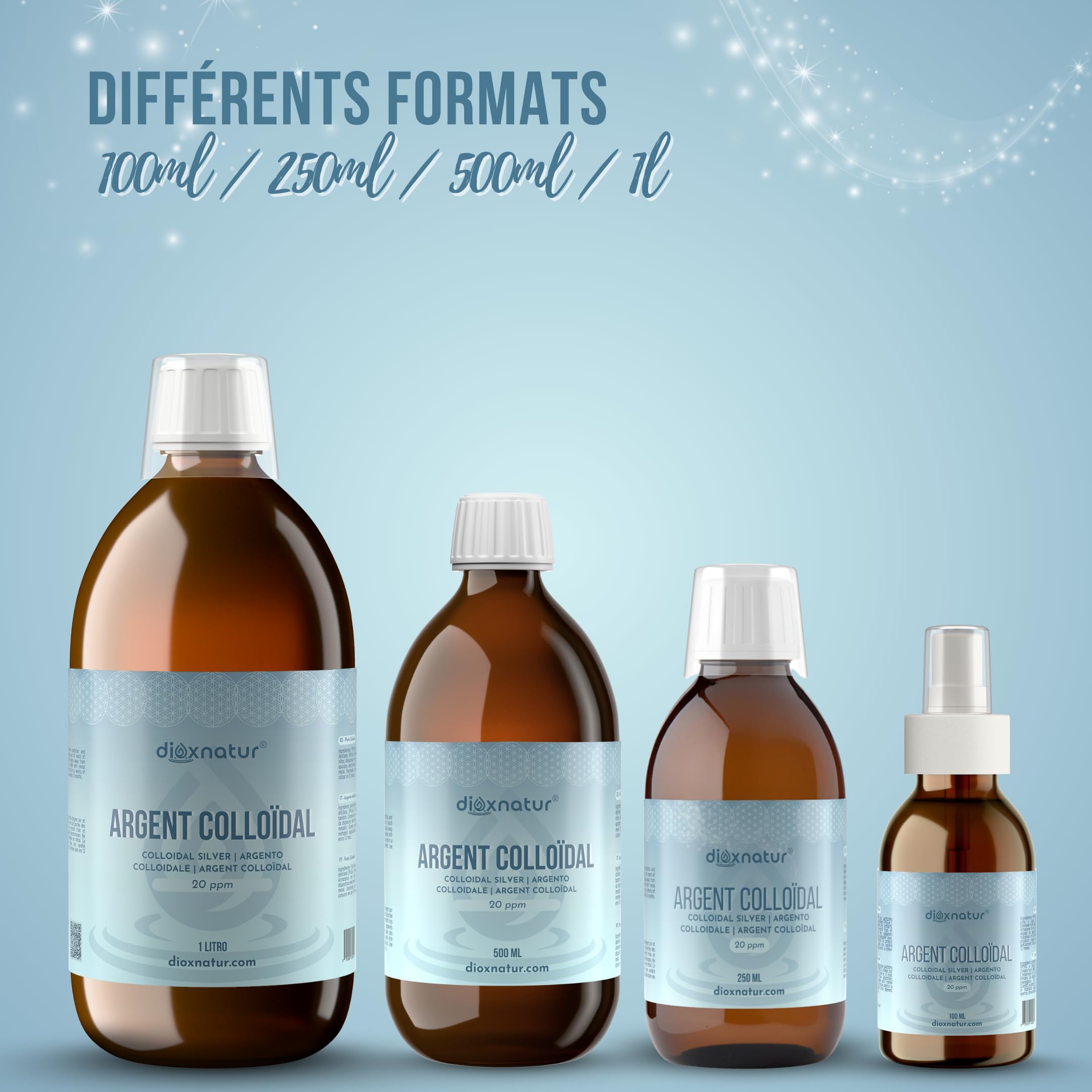 Argent colloïdal 20 ppm 250 ml DIOXNATUR® | Colloidal Silver Pure avec spray et verre compteur inclus | Bouteille en verre ambré | 100% naturel | Concentration optimale