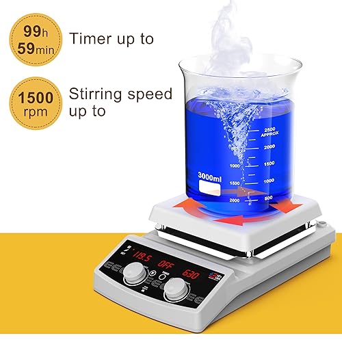 Miniatura 6 de 4E's USA Mezclador agitador magnético de placa calefactora de 7 pulgadas, 20L máx. 950.0 F950F, placa de calefacción de cerámica, 50-1500rpm, sensor