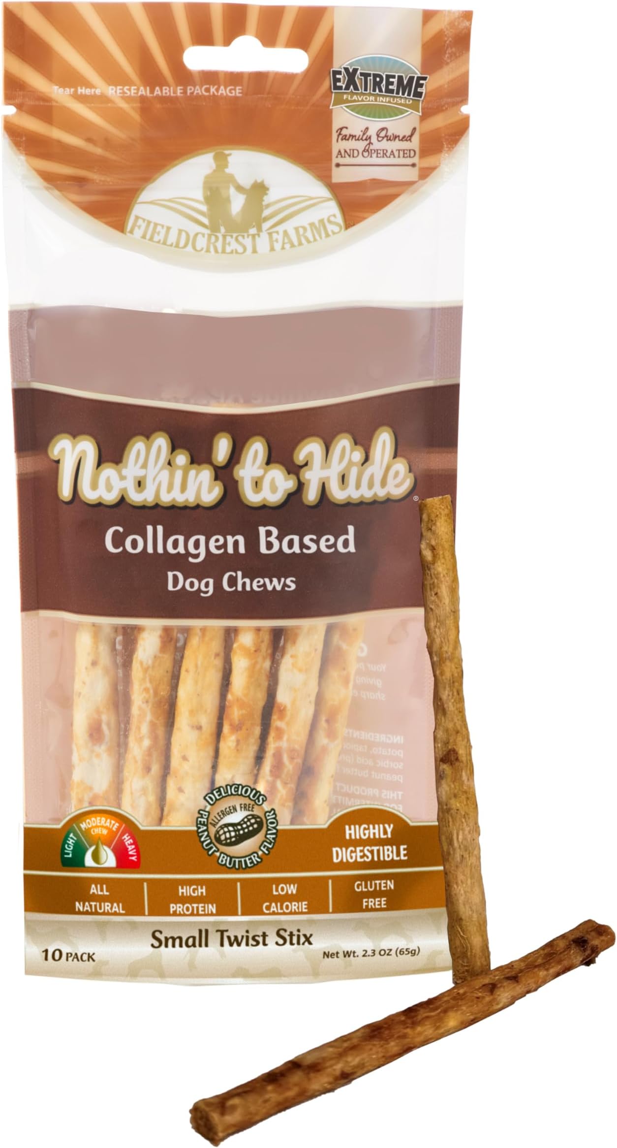 Nothin' to Hide Twist Stix, Peanut Butter Flavor, Easily Digestible, Supports Skin, Coat, Joints & Muscles, for Moderate Chewers Under 15lbs, 10 Pieces