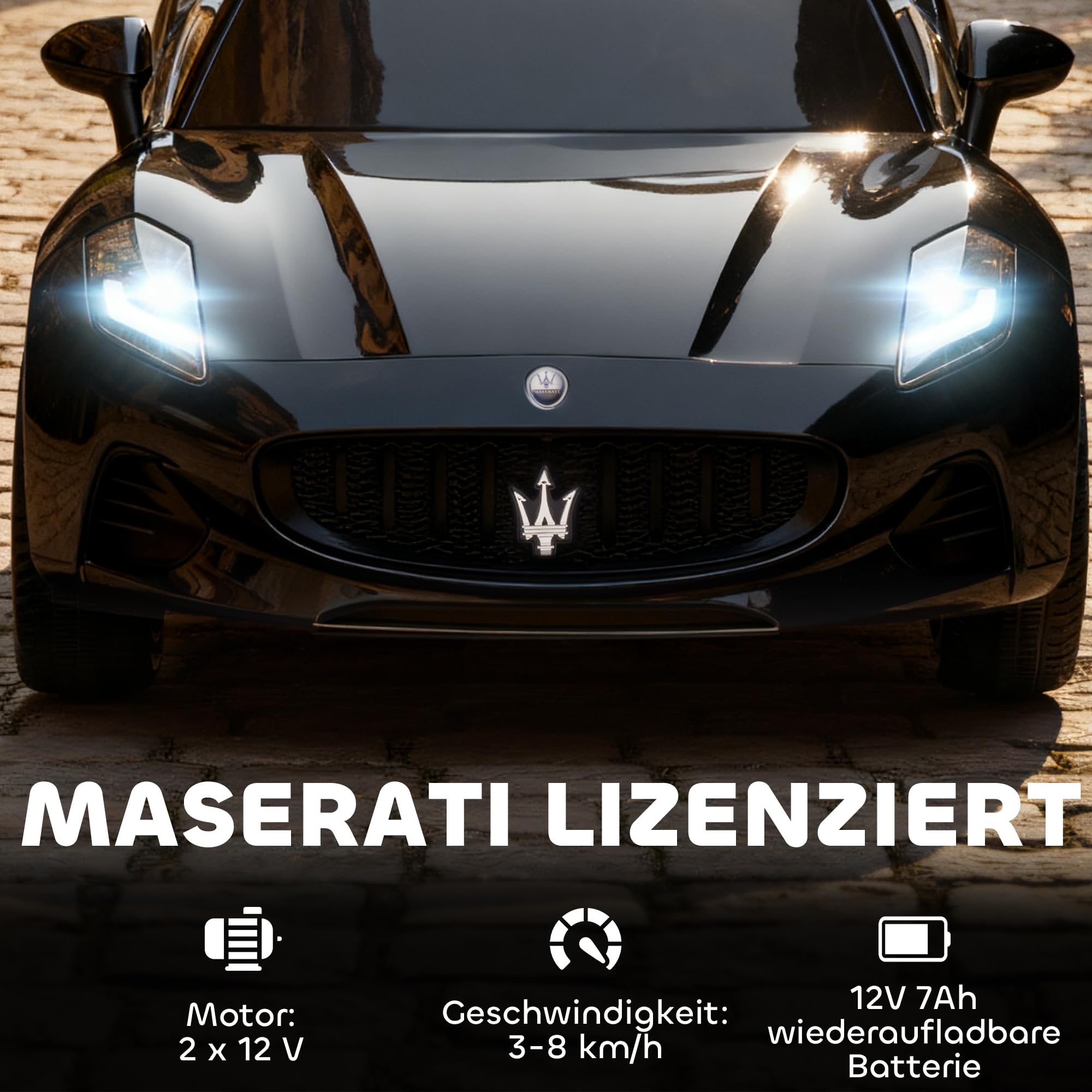 AIYAPLAY Kinder Elektroauto Maserati 12V 2-Sitzer Kinderauto Schwarz | 2,4 GHz Fernbedienung, 2 Motor, Elektrofahrzeug mit Federung, Musik, USB, Hupe, LED-Leuchten, für 3-8 Jahre, 3-8 km/h