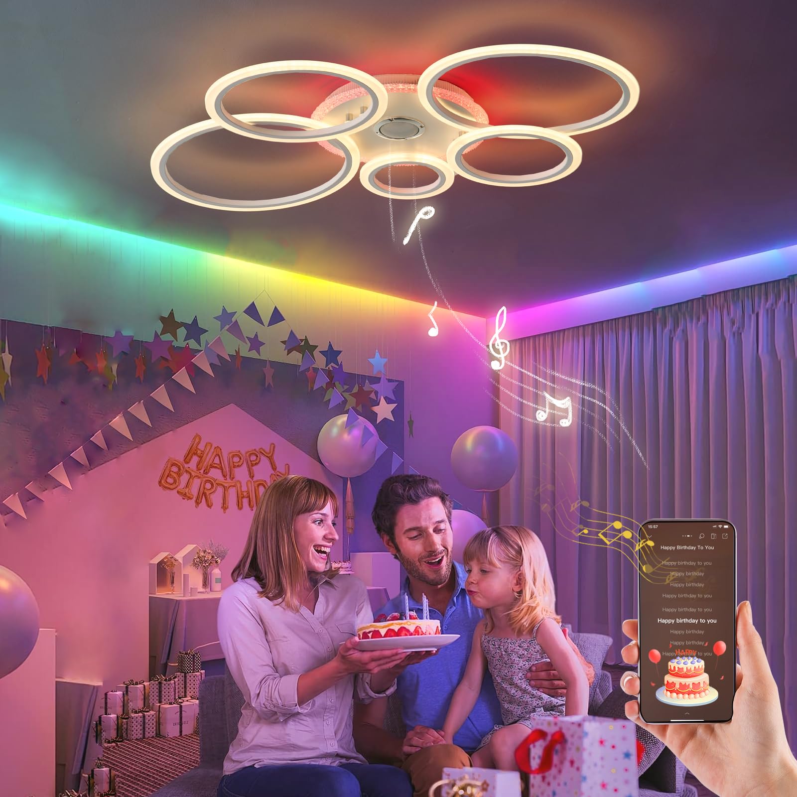 Lampadario Altoparlante Bluetooth RGB Lampadari Circular Design con Telecomando Timer Dimmerabile Plafoniera con Luce Notturna e Funzione di Memoria per la Camera da Letto, Bianco