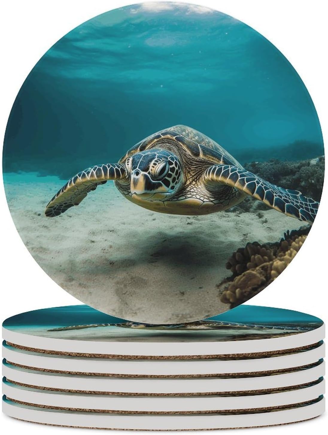 6PCS Underwater Diving Sea Turtle Coasters Non-Slip Round Drink Coasters with Ceramic Stone and Cork Base, Heat Resistant Absorbent 33.00Stone Coaster Set for Kinds of Mugs and Cups, 4 Inch