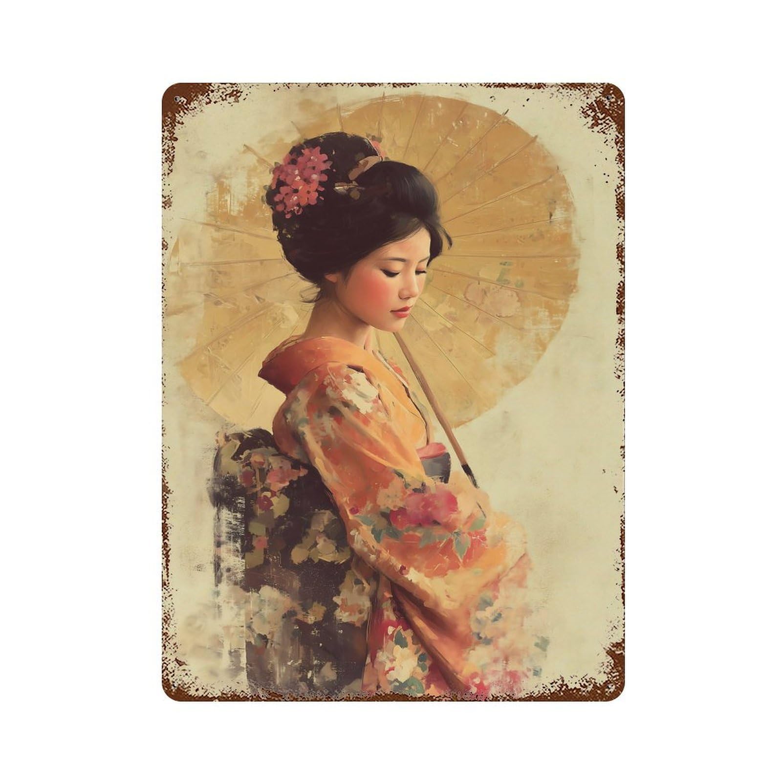 Geisha with Umbrella Painting Rusty Metal Tin Sign 15.7"x11.8", Ideal for Farmhouse, Kitchen And Entryway Decor