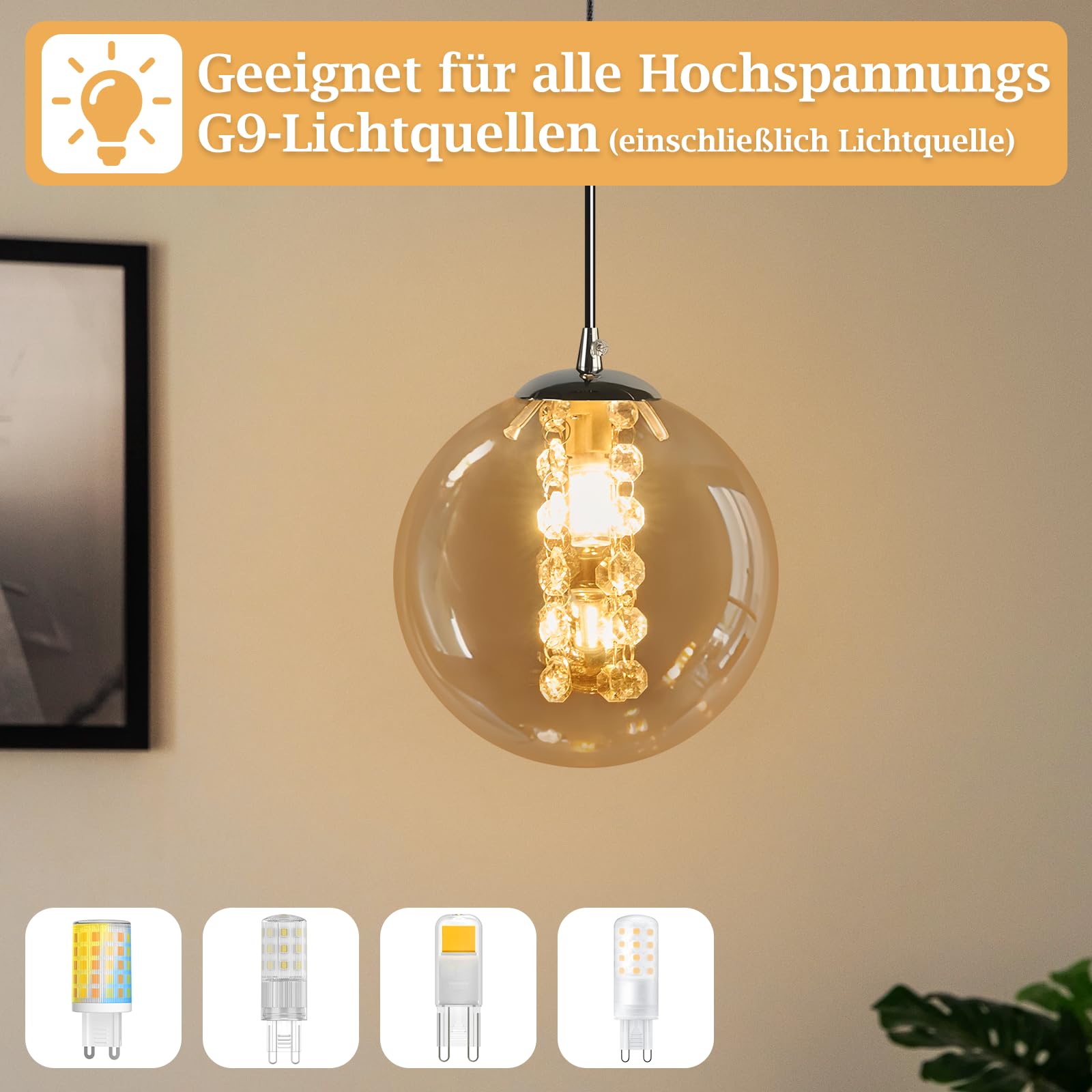 CBJKTX Pendelleuchte Glas Hängelampe Modern - 1 Flammig Bernstein Esstischlampe 120CM Höhenverstellbar G9 Nachttisch Hängeleuchte Pendellampe für Esstisch Schlafzimmer Esszimmer Bar