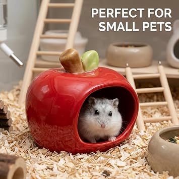 Bucatstate Hamster Cage and Hide, Ceramic Hamster House with Platform for Syrian Hamsters, Small Apple Red Hamster Bed, Durable Hamster Habitat with Multiple Hiding Spaces, Easy to Clean Ceramic Hamst