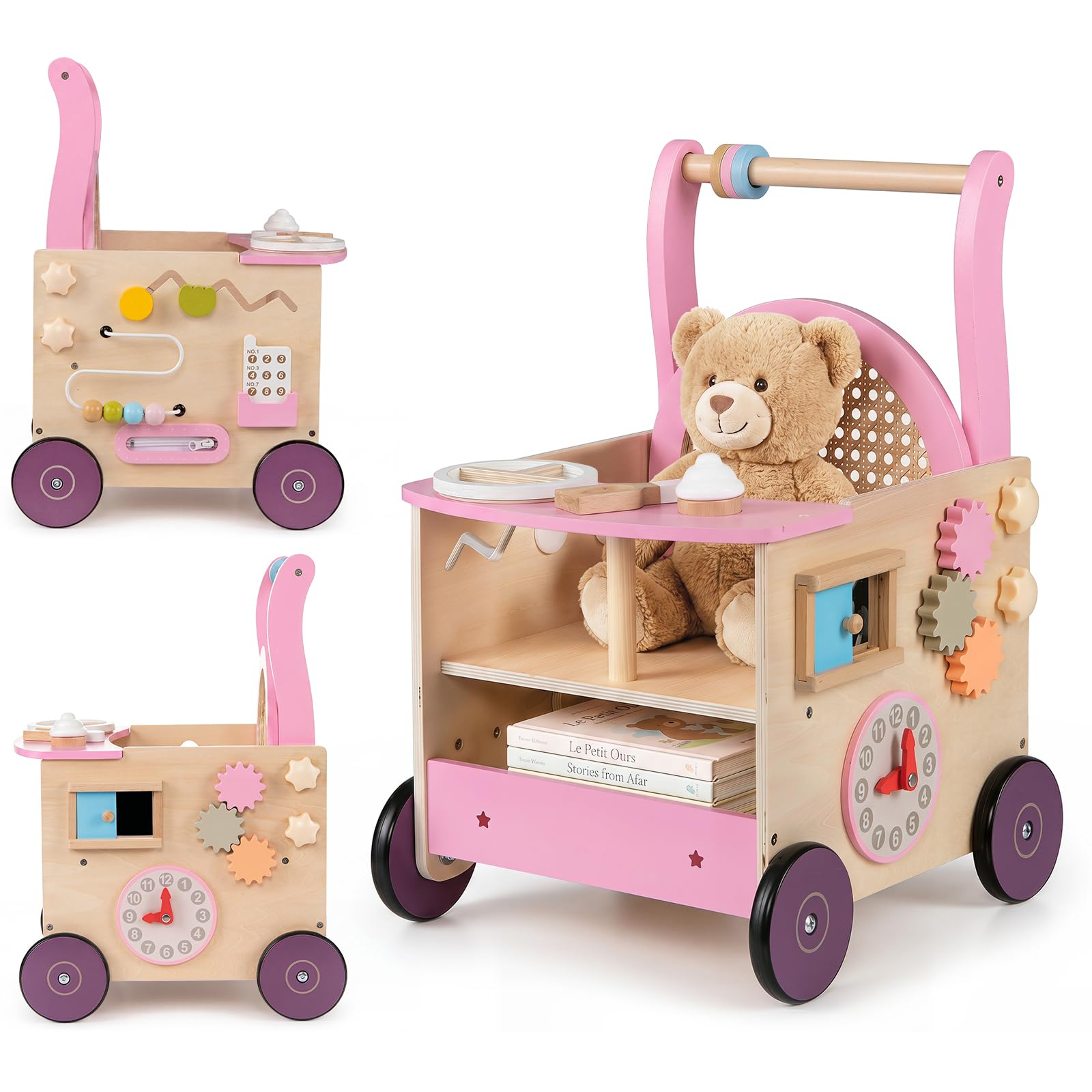 OLAKIDS Wooden Baby Walker, Montessori Activity Center Push Walking Toy with Wheels for Boys Gilrs