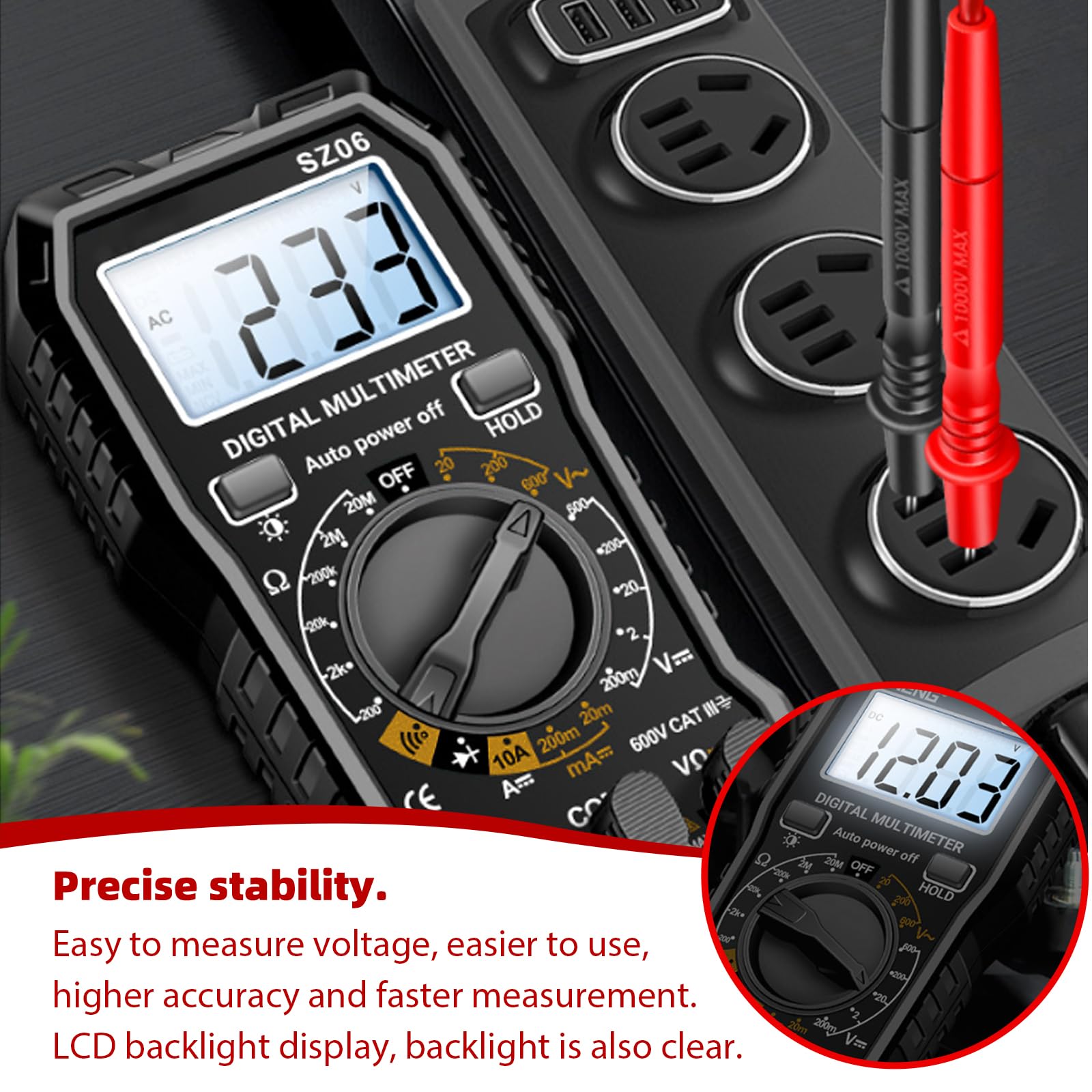 Multimetro digitale, tester di tensione 600 V, voltmetro, tester di continuità, tensione, misuratore di corrente con linee di misurazione per tensione AC/DC, corrente DC, passaggio, resistenza, diodo