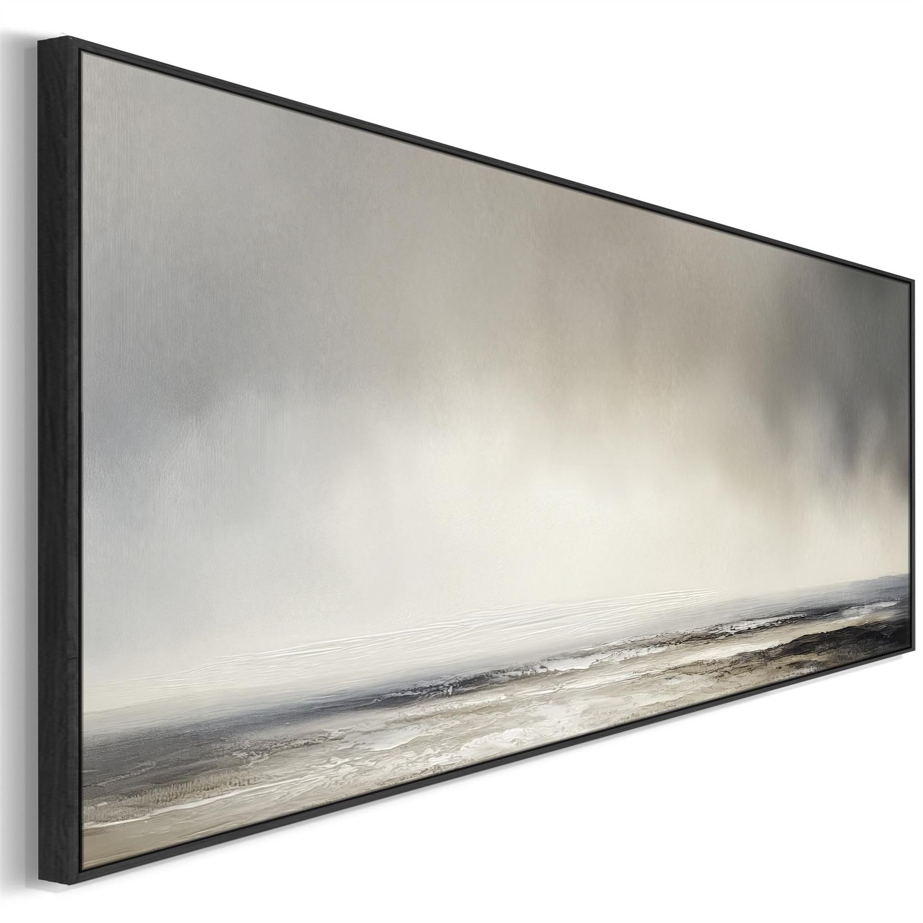 Wallfillers Grey Neutral Long Framed Wide Canvas Art Panoramic Abstract Landscape for Kitchen (143 x 52cm)
