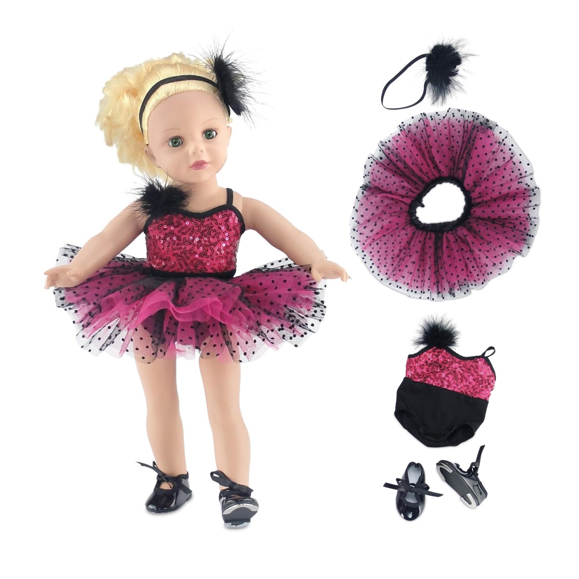 18 Inch Doll Clothes | Amazing Pink and Black Jazz Ballet Outfit, Includes Shimmery Beaded Leotard with Feather, Gorgeous Tutu, Matching Headband and Black Tap Shoes | Fits American Girl Dolls by Emily Rose Doll Clothes