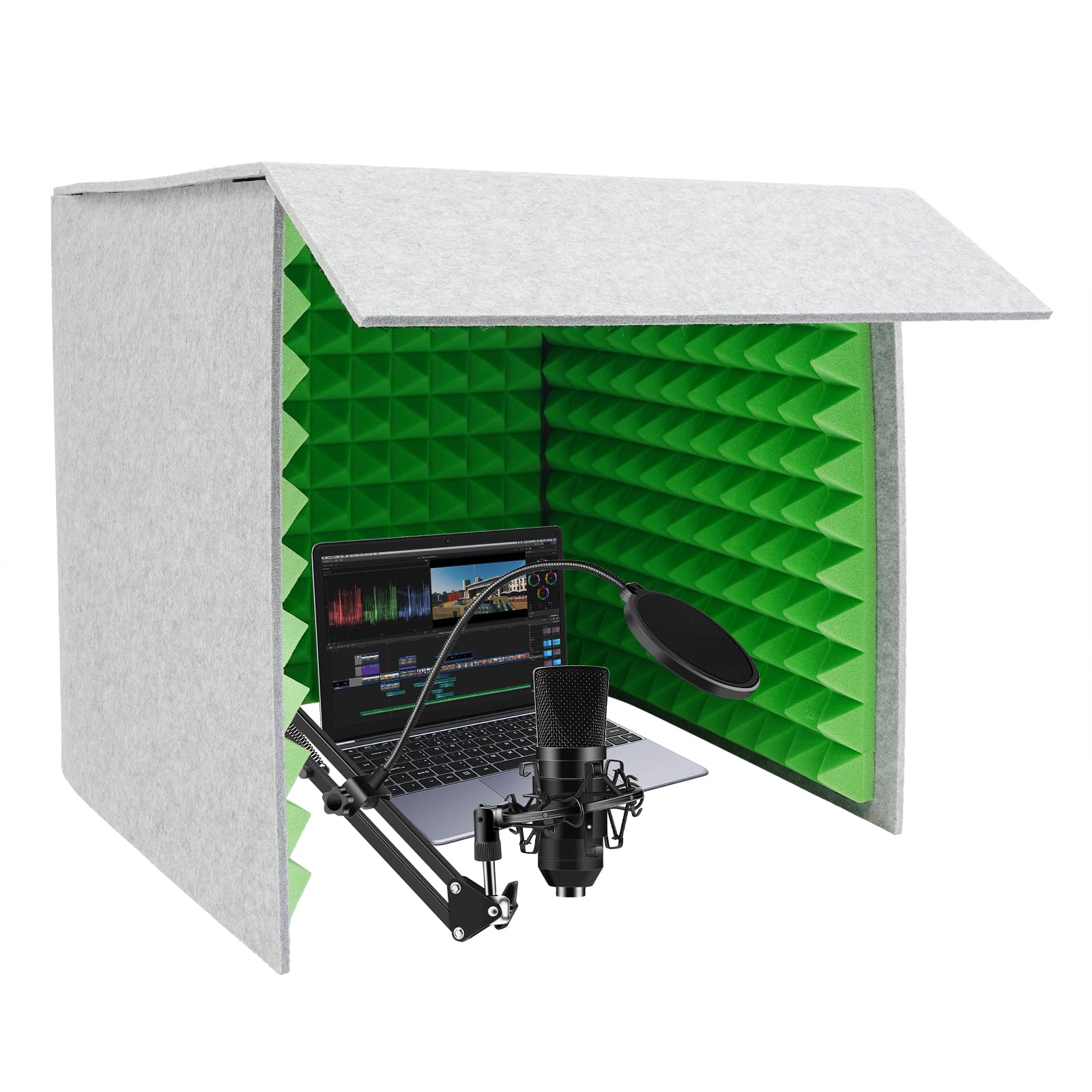 Copertura insonorizzata per desktop - Studio di registrazione pieghevole per insonorizzazione - 60 x 60 cm, esterno grigio interno verde - ideale per Home Studio, podcaster e musicisti