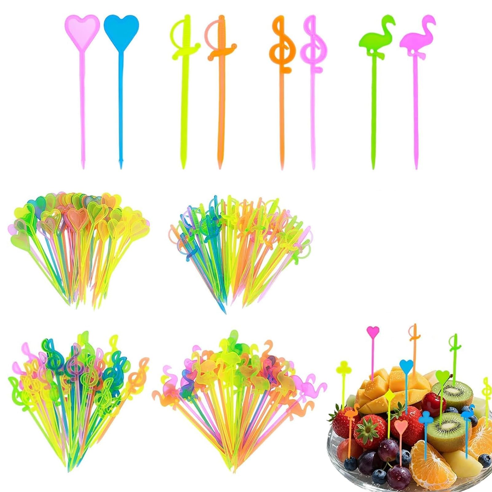 200 Brochettes à Fruits Réutilisables en Plastique sans BPA, Fourchettes Mini Enfant avec Motifs Cœur Note Musicale Flamant Épée, Piques Apéritifs Cocktail pour Soirée Barbecue Réunion Familiale