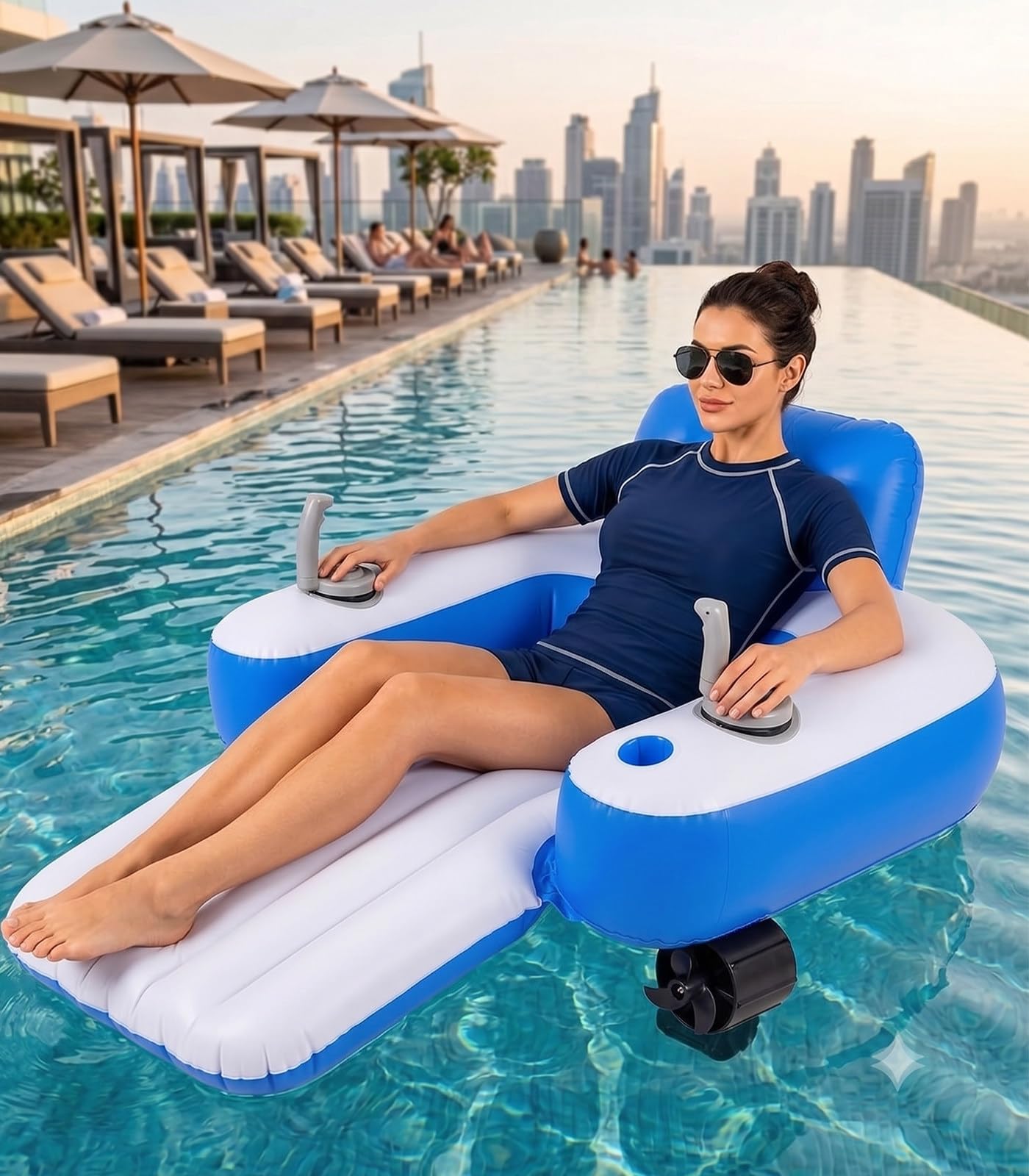 Kindevieft Motorized Floatie for Adults, Comfortable Backrest &Cup Holder,Powered Floating Chair for Pool Summer Relaxation B-Rectangular