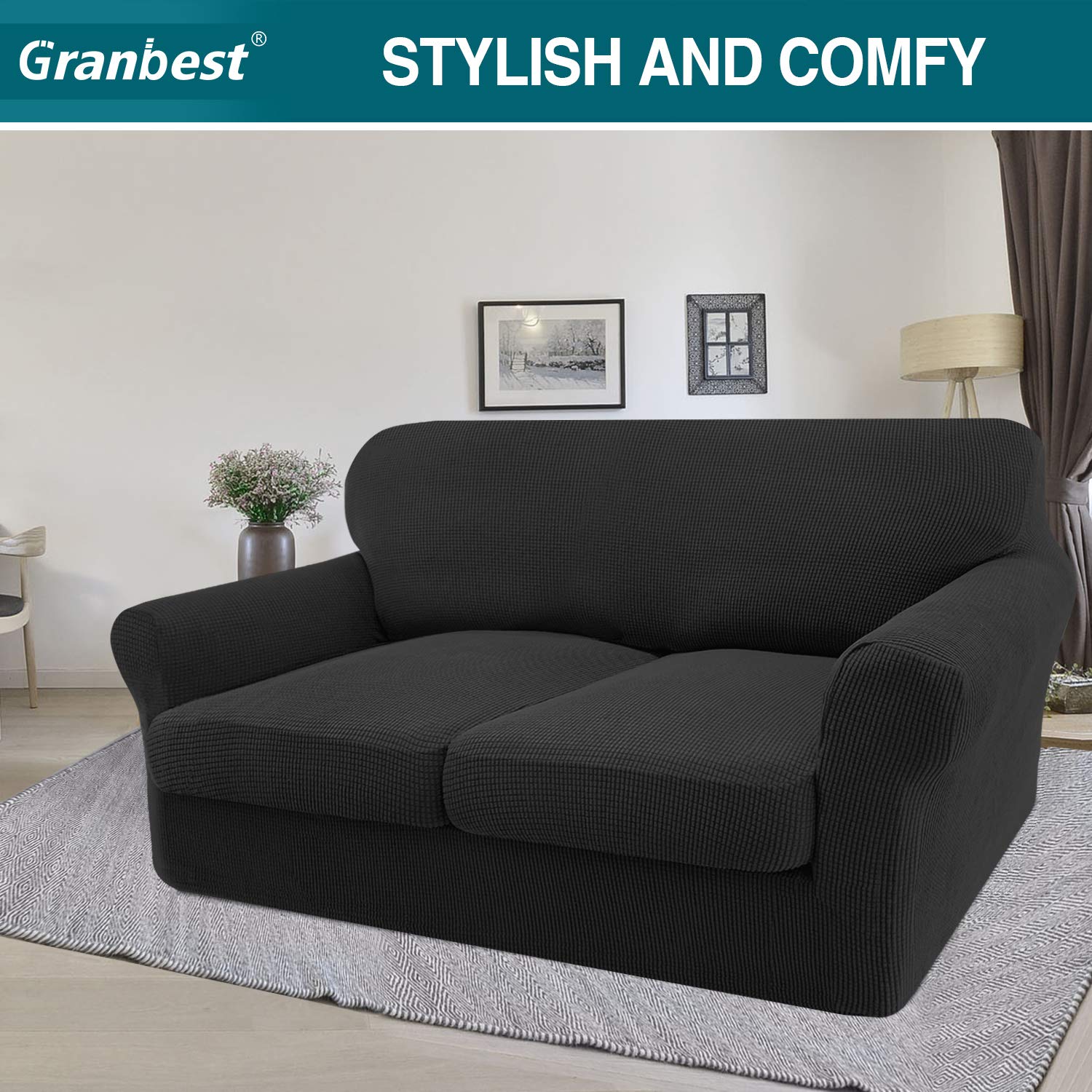 Granbest High Stretch Sofa Seat Cushion Cover Super Soft Couch Seat Cover Sofa Cushion Protector Jacquard Spandex Fabric with Elastic Bottom(2-Piece 2 Seater - Image 2