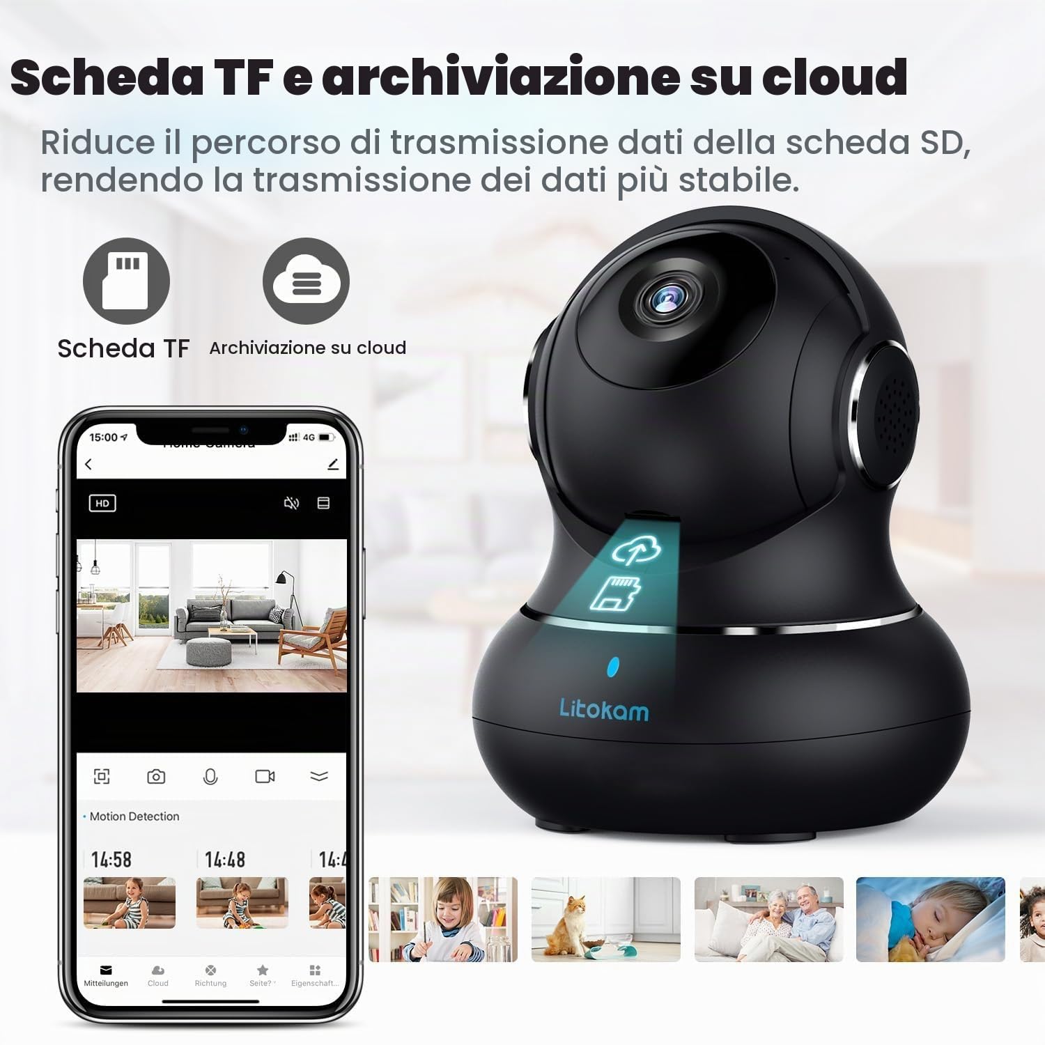 litokam Telecamera Wi-Fi Interno, Videocamera Sorveglianza Interno Pan/Tilt Rotazione a 360°, 2K Videocamera di Sorveglianza con Visione Notturna, Tracciamento del Movimento e Audio Bi-direzionale