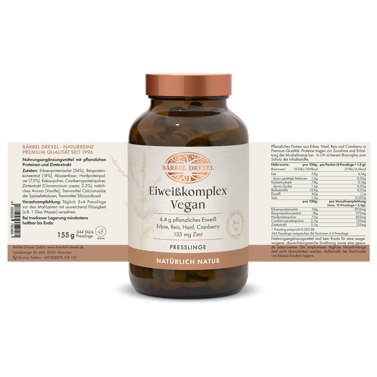 Eiweißkomplex Vegan I Eiweißpulver Tabletten Ohne Laktose (344 Stk) Erbsenprotein Hanfprotein Vitalstoffe Pflanzliches Protein Metabol BCAA Muskelaufbau Eiweiss naturbelassen BÄRBEL DREXEL®