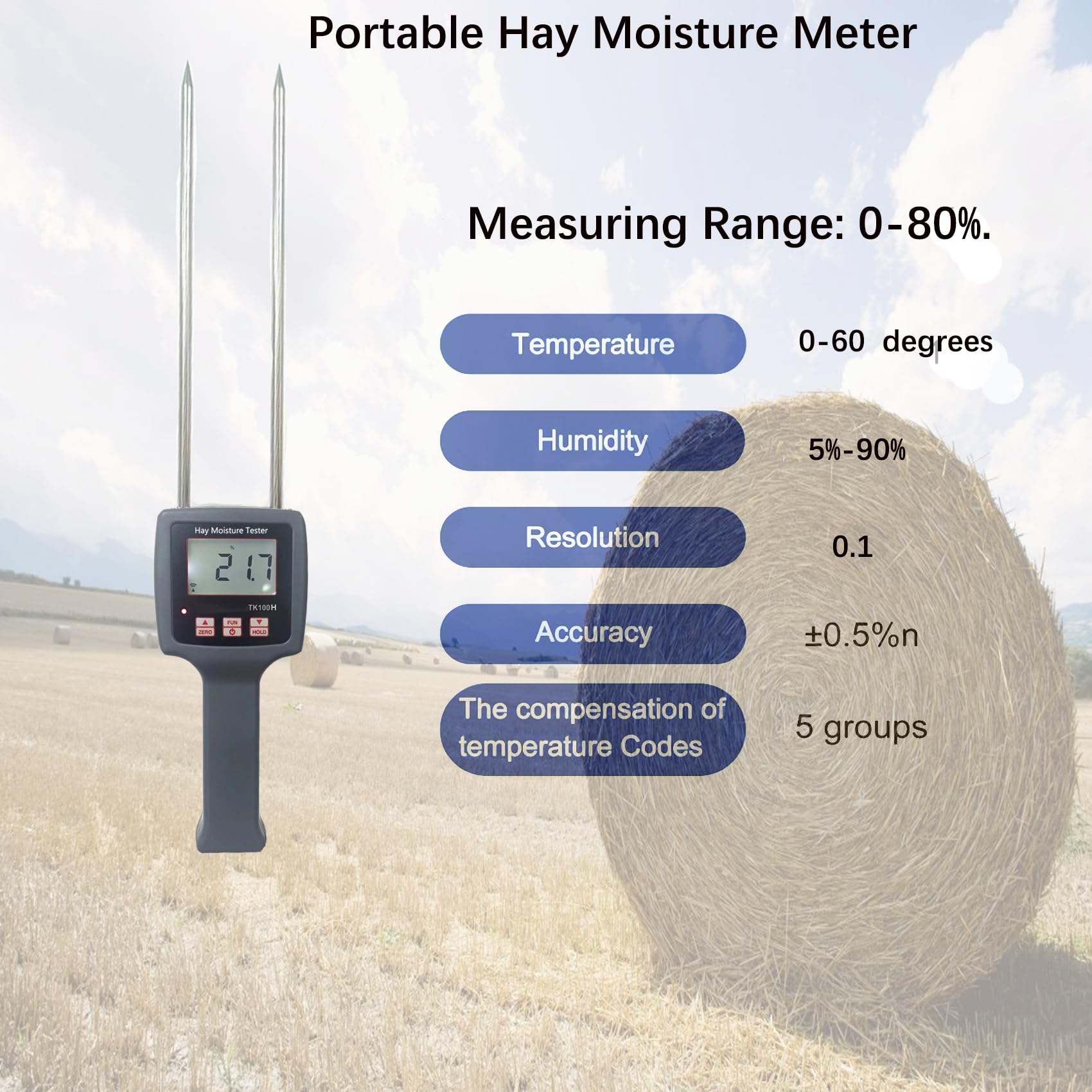 TK100 Humidimètre portable pour foin avec longue sonde