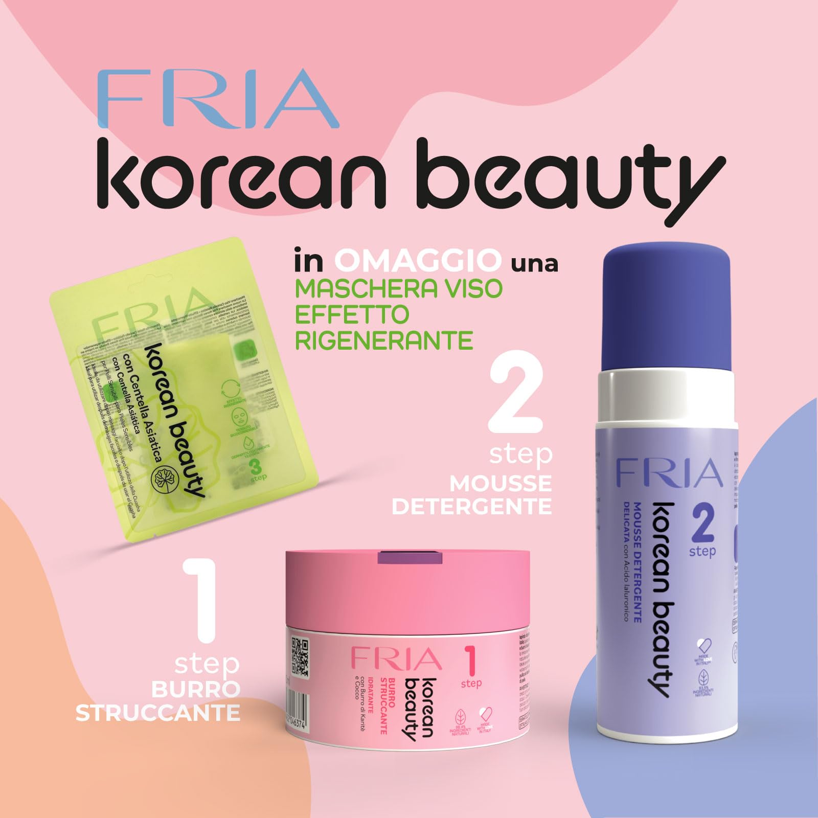 Fria Korean Beauty Kit Doppia Detersione, Burro Struccante Korean Beauty + Mousse Detergente Korean Beauty + Maschera Viso Rigenerante Fria Korean Beauty in Omaggio