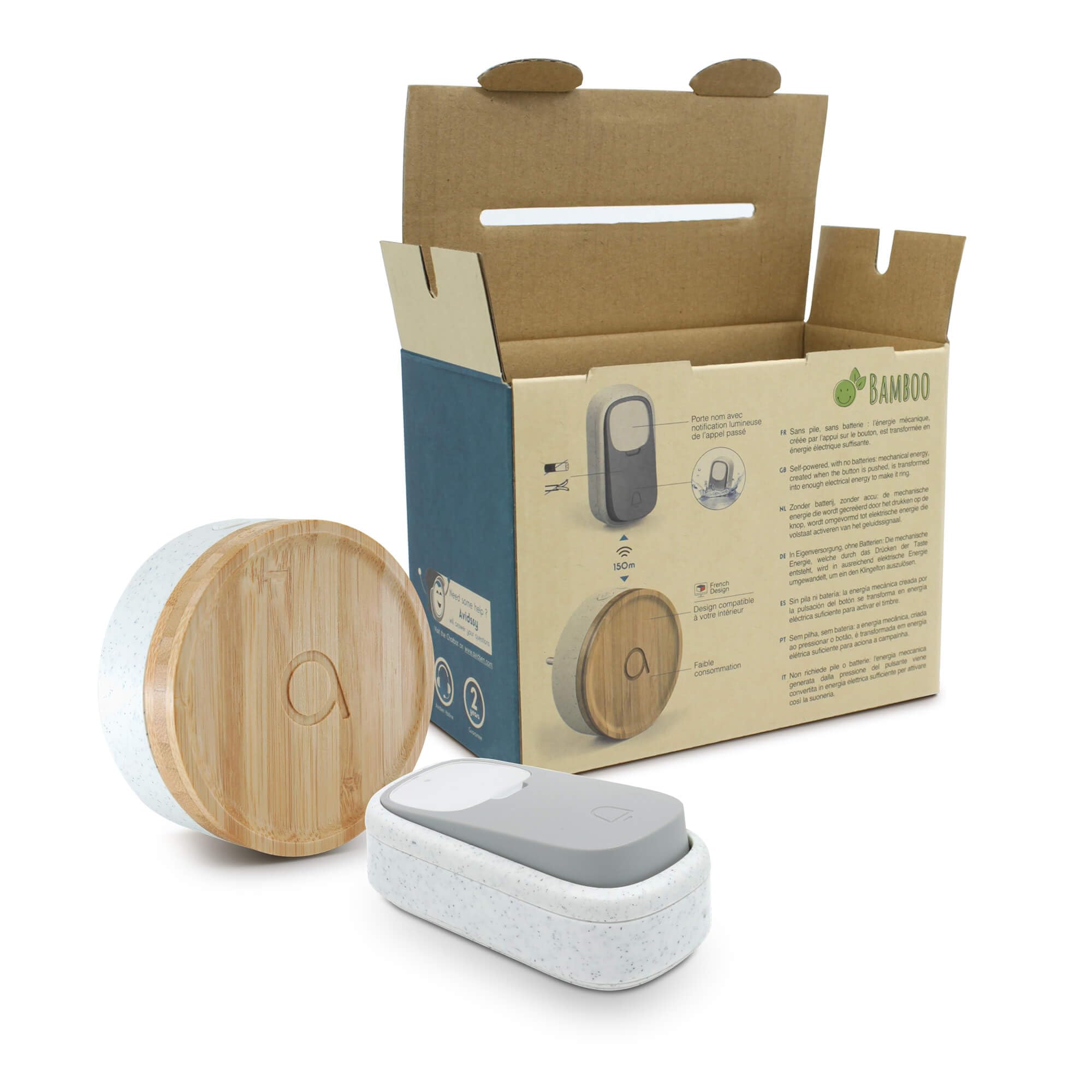 Avidsen Bamboo, Carillon Sans Fil Sans Pile, Sonnette de Porte Étanche IP44, Portée 150m, 32 Mélodies, Design Bois Bambou, Plastique Recyclé, Prise Secteur, Écologique, Installation Facile, Blanc